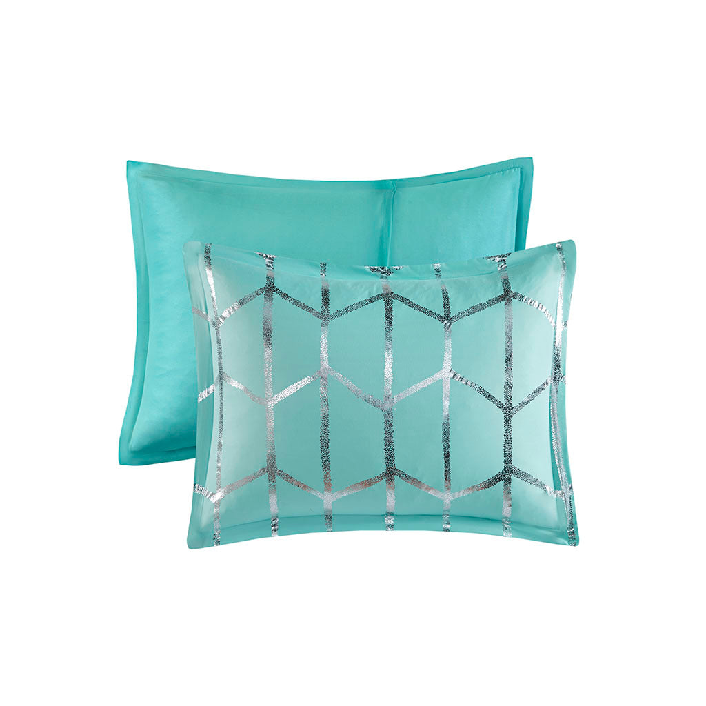 Metallic Printed Comforter Set King Aqua Silver Polyester