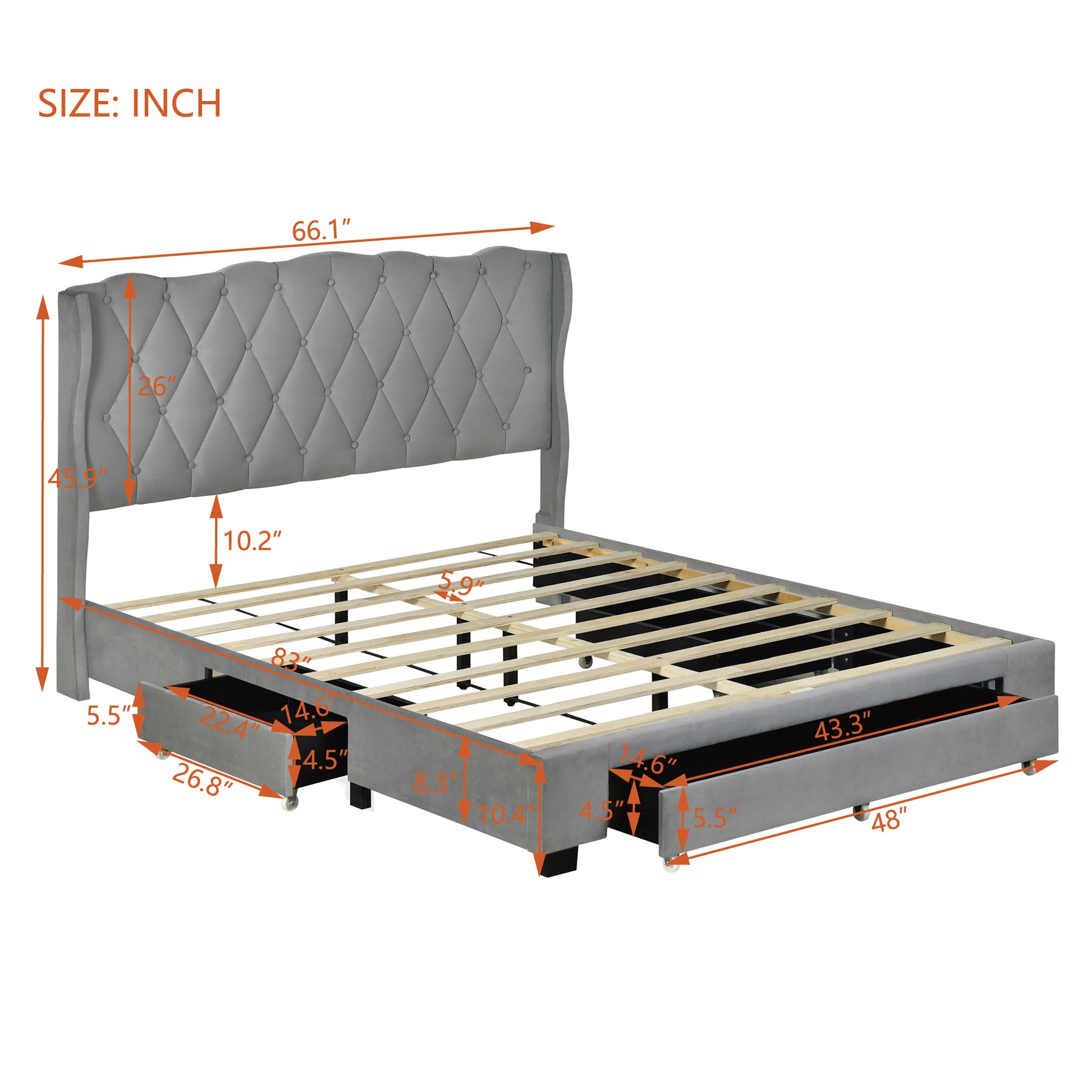 Upholstered Platform Bed With Tufted Headboard And 3 Drawers, No Box Spring Needed, Velvet Fabric, Queen Size Gray Gray Upholstered