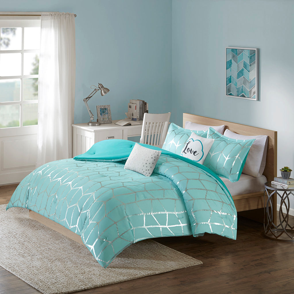 Metallic Printed Comforter Set Twin Aqua Silver Polyester