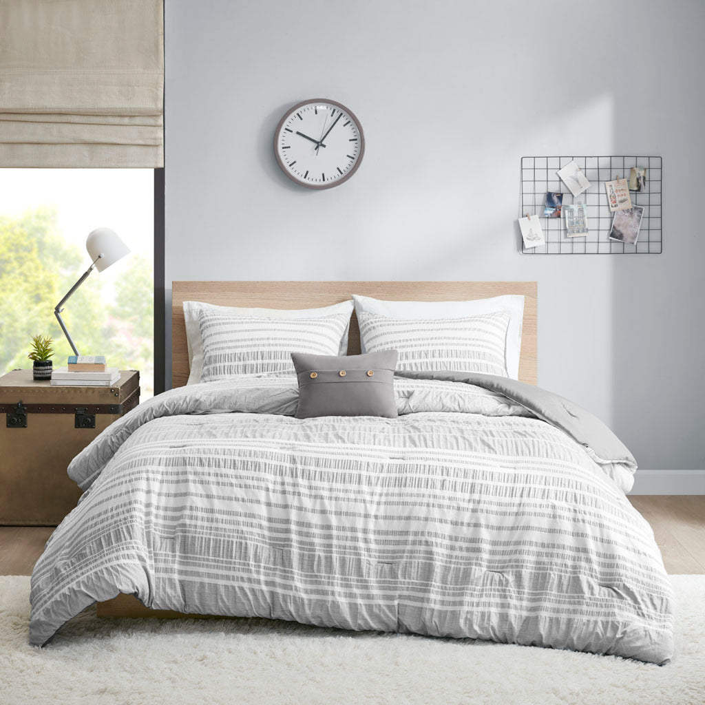 Striped Comforter Set Full Grey Microfiber