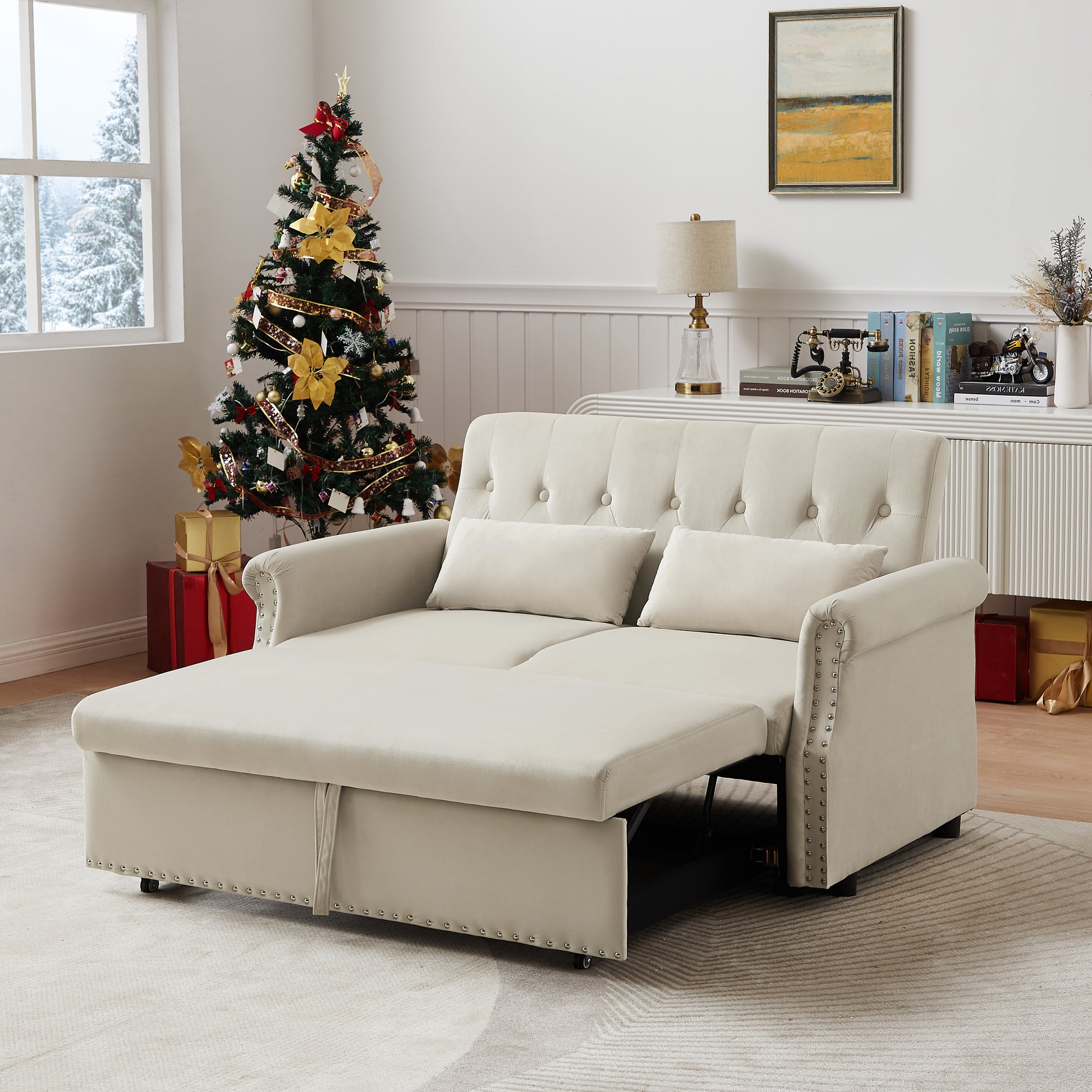 Artemax 55'' Modern Shiny Velvet Convertible Loveseat Sleeper Sofa Couch W 2 Lumbar Pillows, Adjustable Pull Out Bed And Removable Armrest For Nursery, Living Room, Apartment, Home Office Beige Foam Velvet