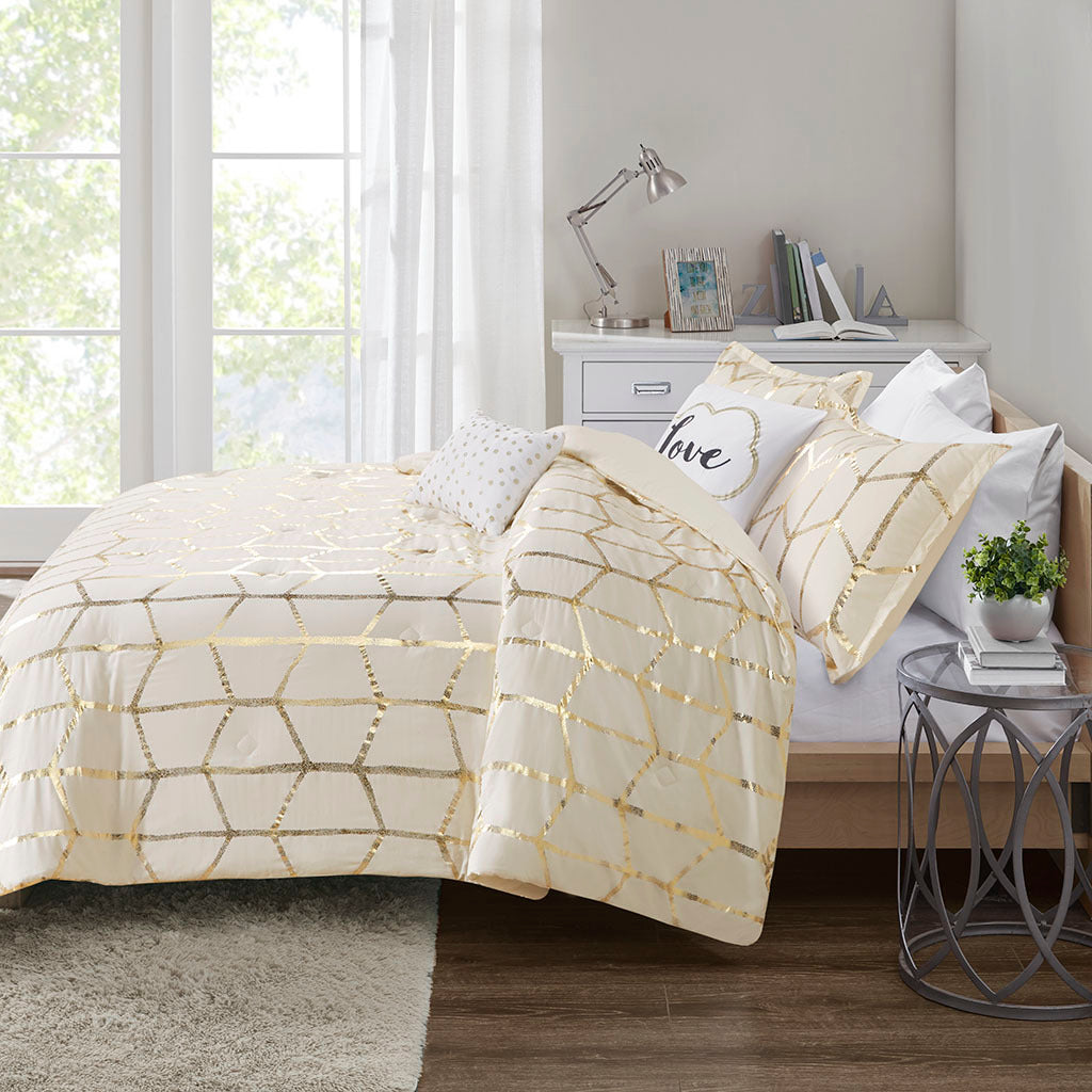 Metallic Printed Comforter Set Twin Ivory Gold Polyester