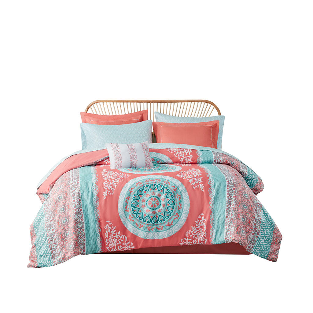 Boho Comforter Set With Bed Sheets Queen Coral Polyester