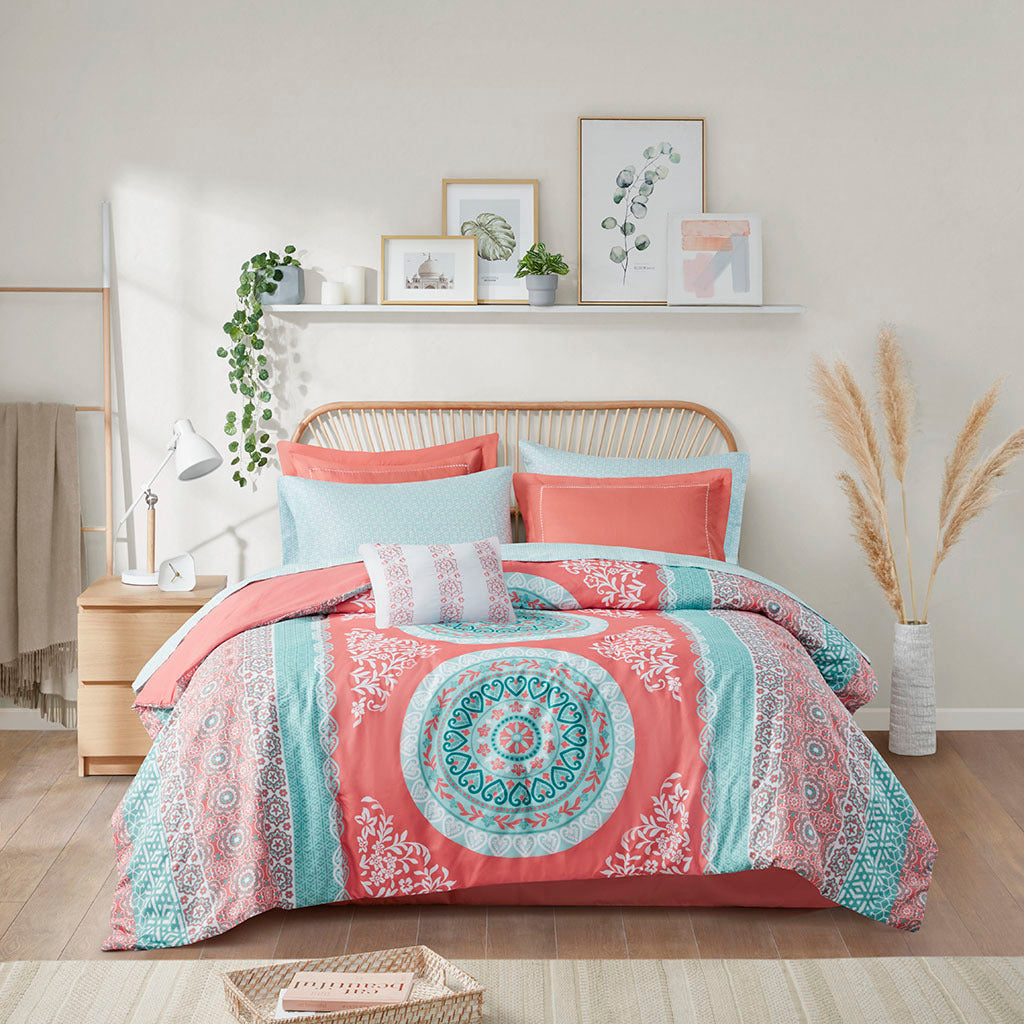 Boho Comforter Set With Bed Sheets Queen Coral Polyester