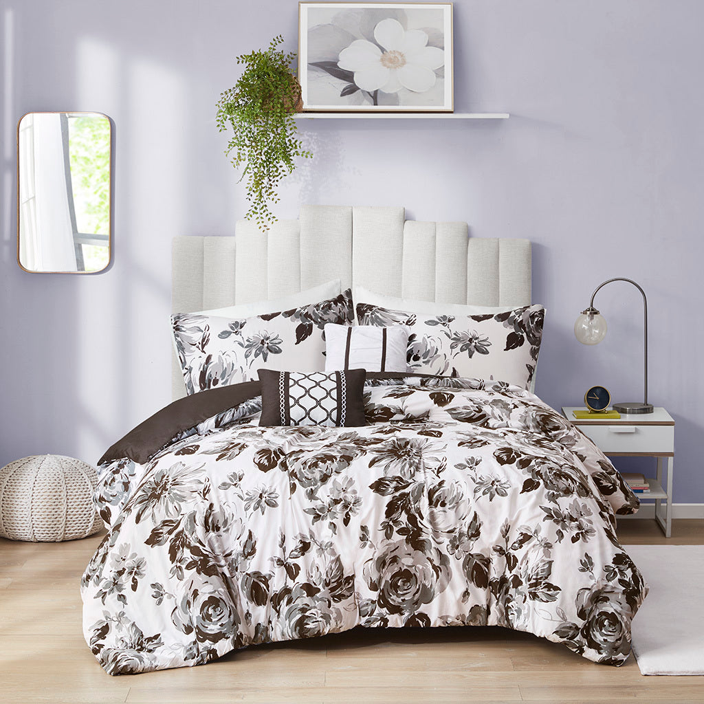 Floral Print Comforter Set King White Black Polyester