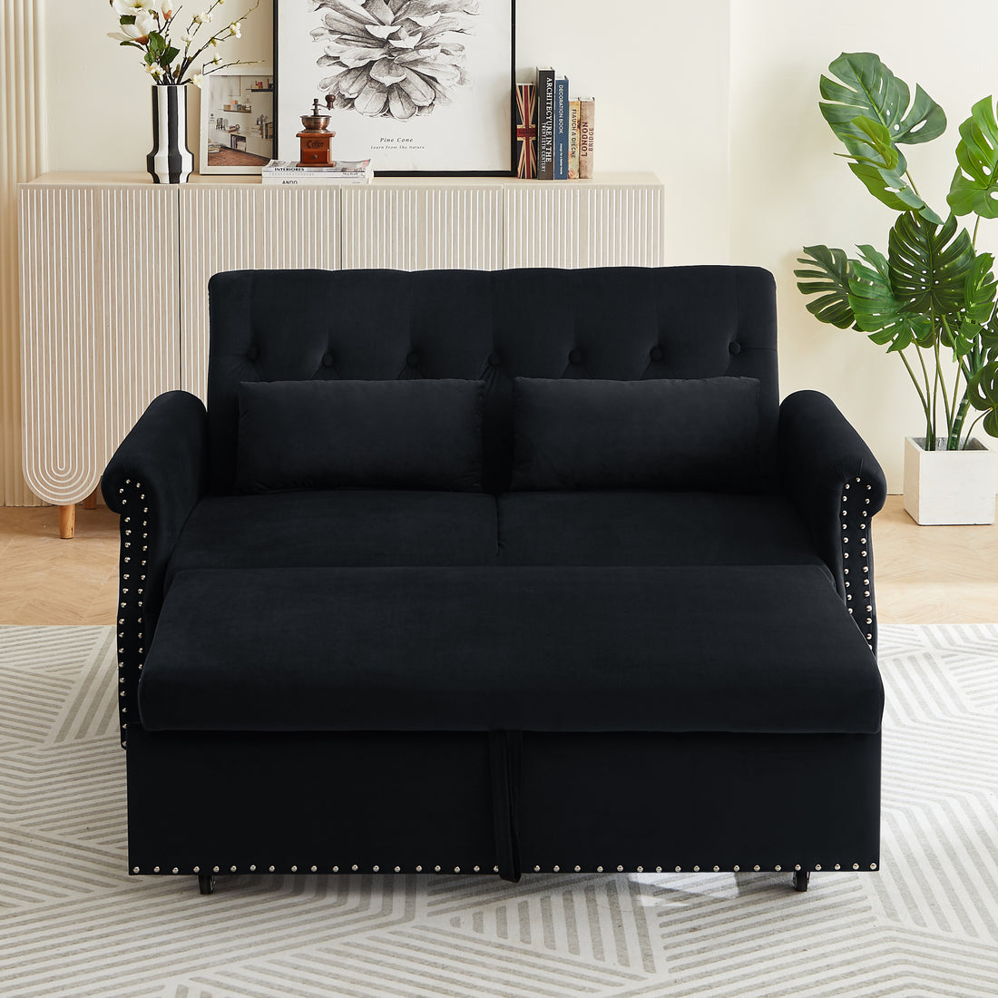 Artemax 55'' Modern Shiny Velvet Convertible Loveseat Sleeper Sofa Couch W 2 Lumbar Pillows, Adjustable Pull Out Bed And Removable Armrest For Nursery, Living Room, Apartment, Home Office Black Upholstered Velvet