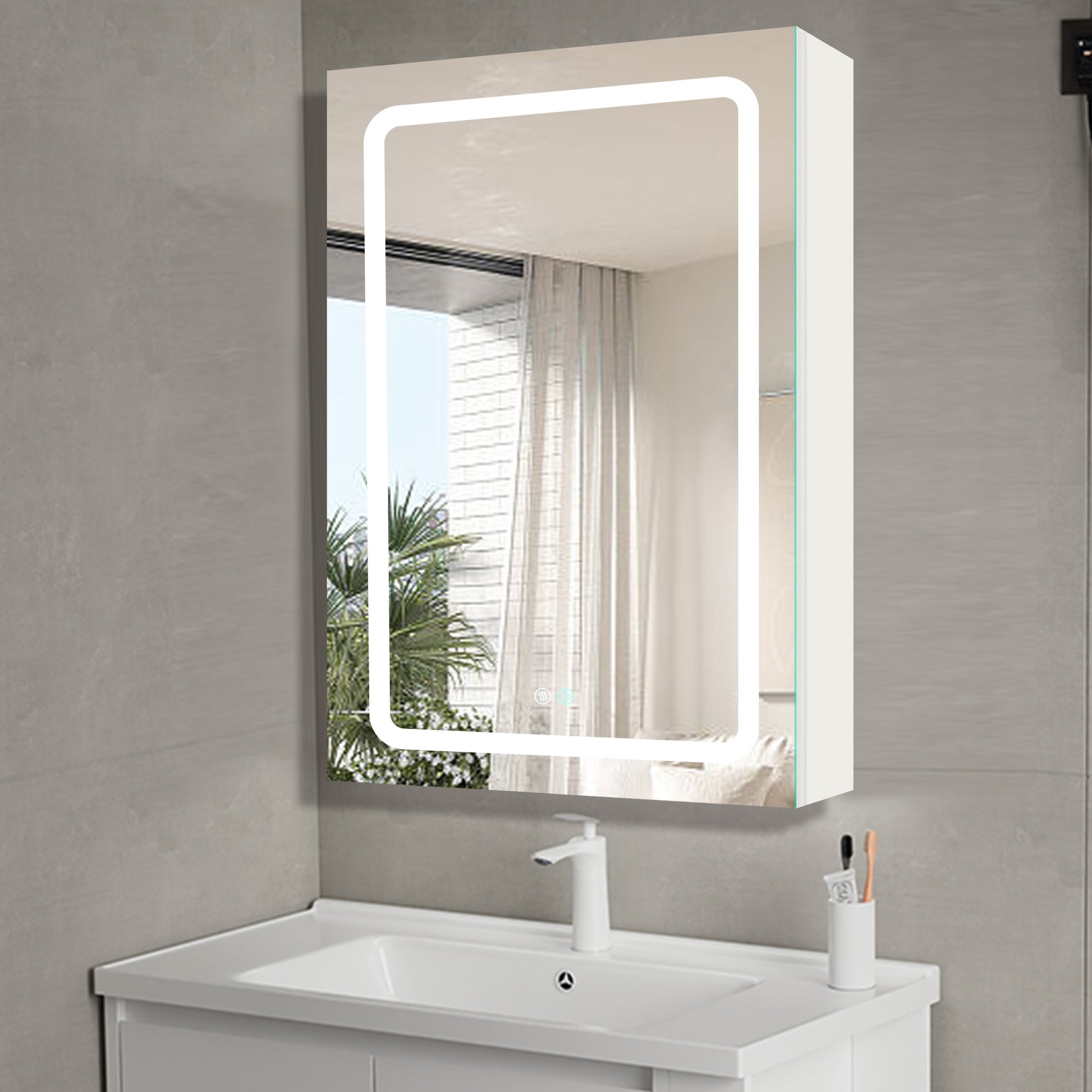 30X20 Inch Led Bathroom Medicine Cabinet Surface Mounted Cabinets With Lighted Mirror White Left Open White Modern Aluminium