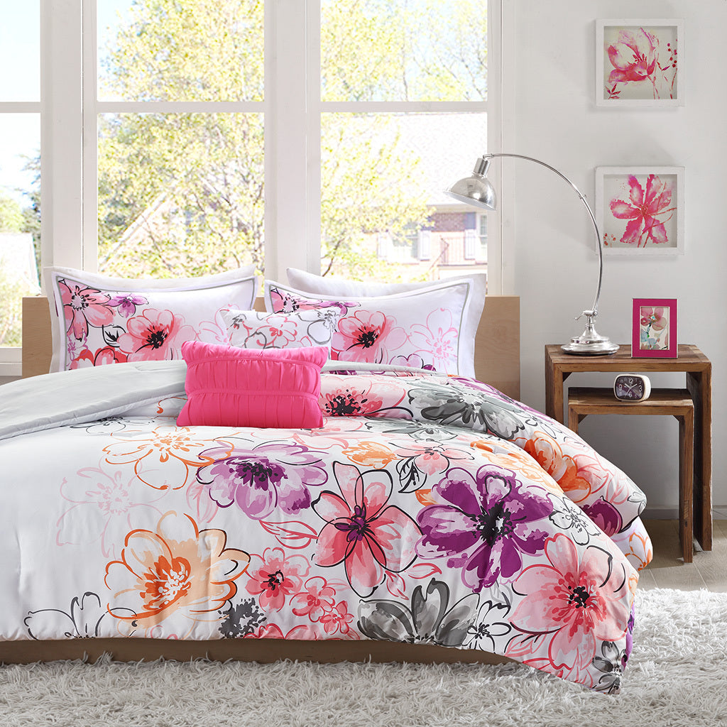 Floral Comforter Set King Pink Polyester