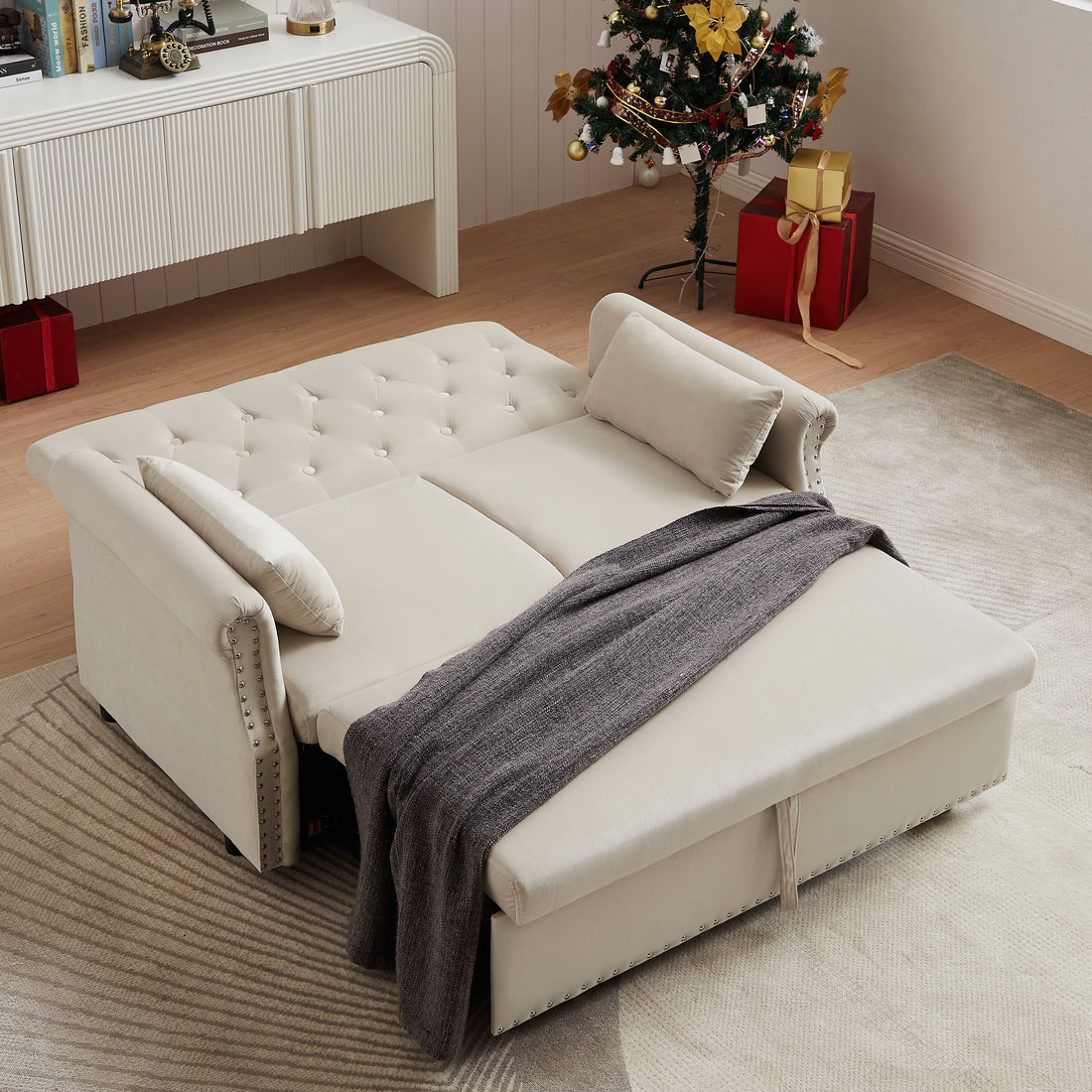 Artemax 55'' Modern Shiny Velvet Convertible Loveseat Sleeper Sofa Couch W 2 Lumbar Pillows, Adjustable Pull Out Bed And Removable Armrest For Nursery, Living Room, Apartment, Home Office Beige Foam Velvet