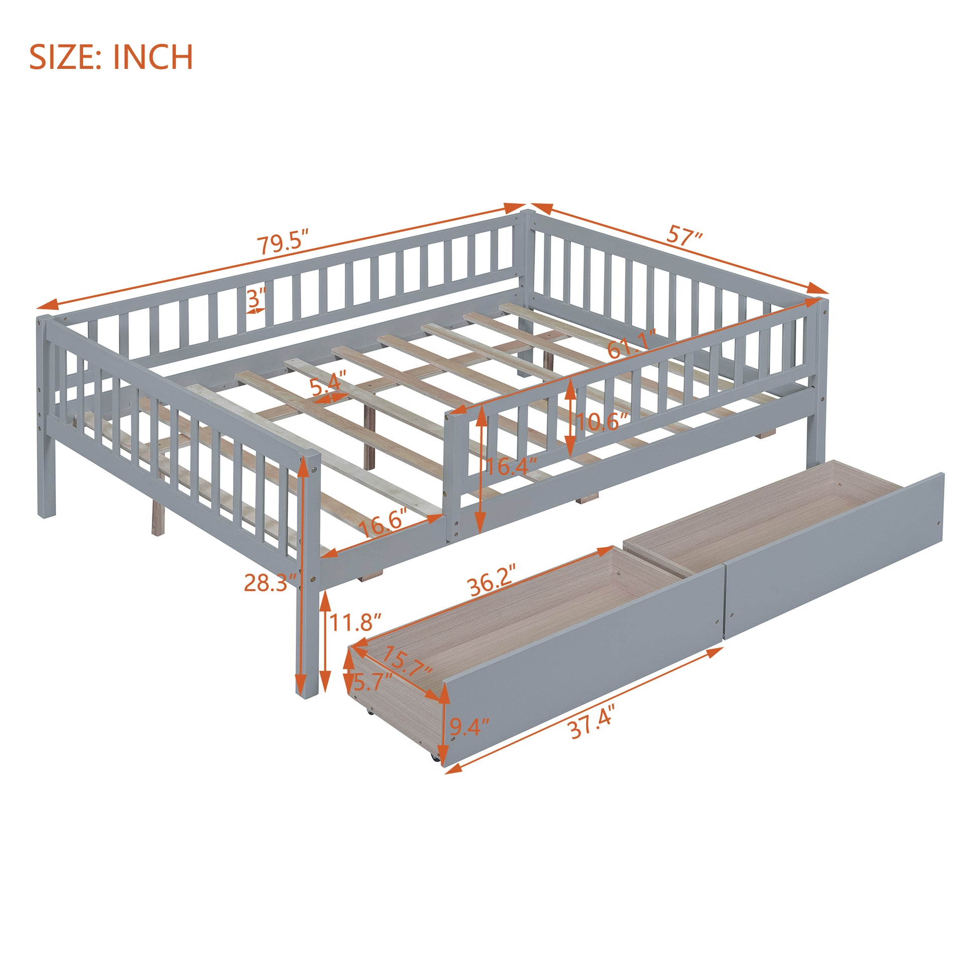 Full Size Daybed Wood Bed With Two Drawers, Gray Full Gray Solid Wood