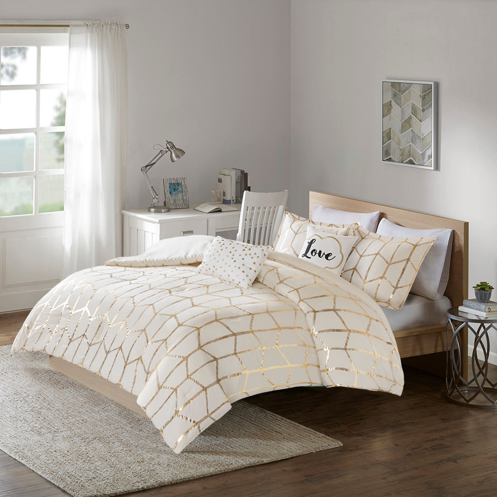 Metallic Printed Comforter Set Twin Ivory Gold Polyester