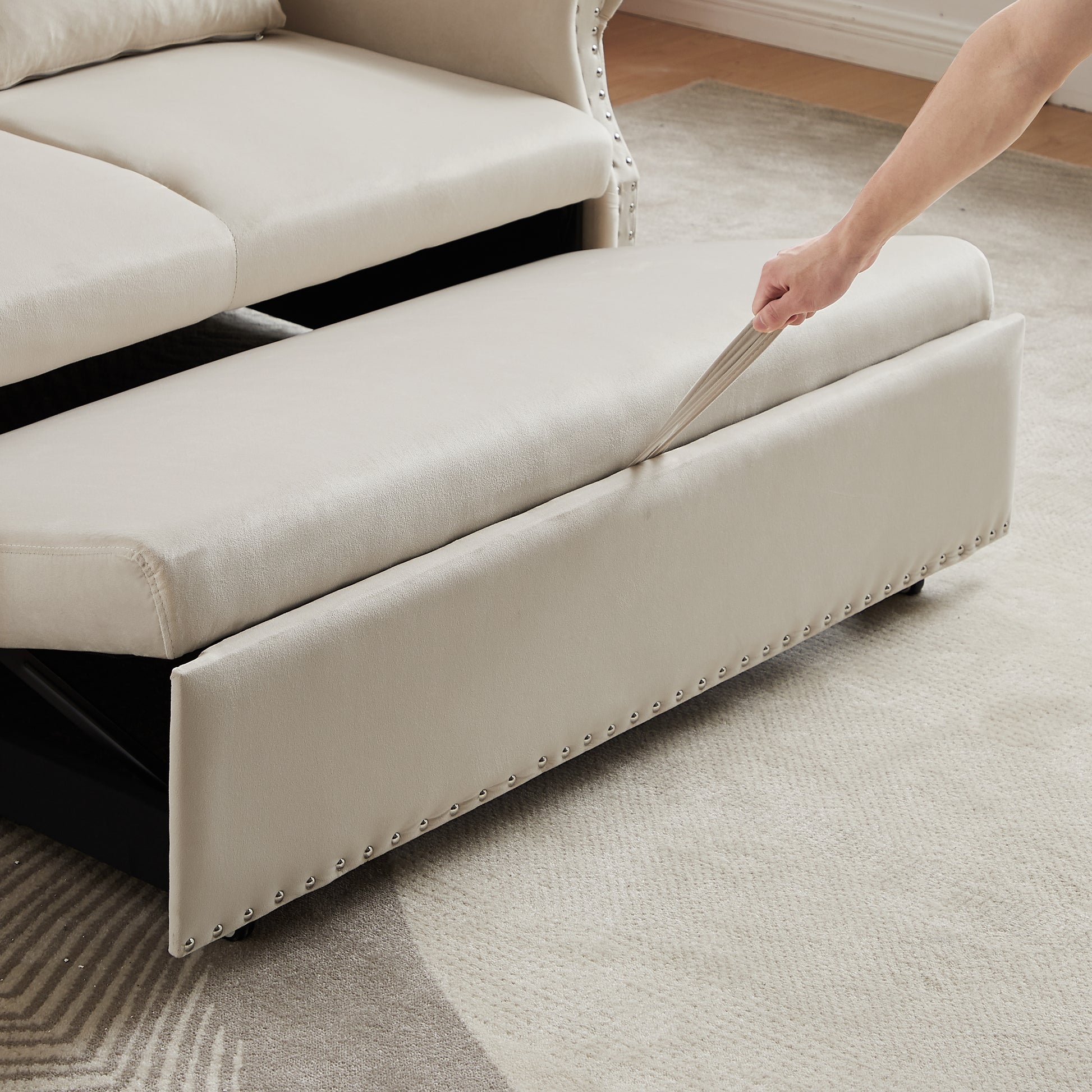 Artemax 55'' Modern Shiny Velvet Convertible Loveseat Sleeper Sofa Couch W 2 Lumbar Pillows, Adjustable Pull Out Bed And Removable Armrest For Nursery, Living Room, Apartment, Home Office Beige Foam Velvet