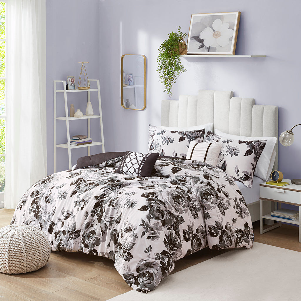 Floral Print Comforter Set King White Black Polyester