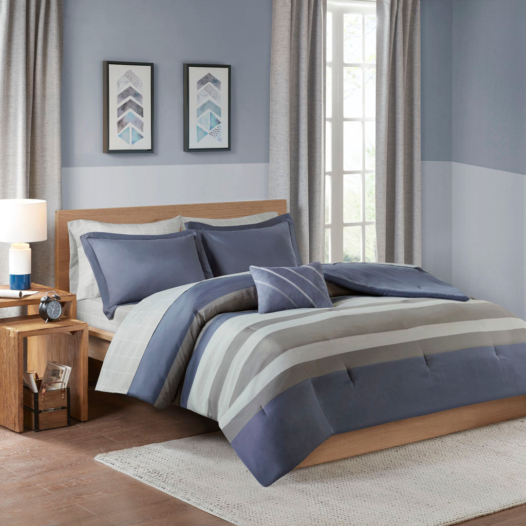 Striped Comforter Set With Bed Sheets Twin Blue Grey Polyester