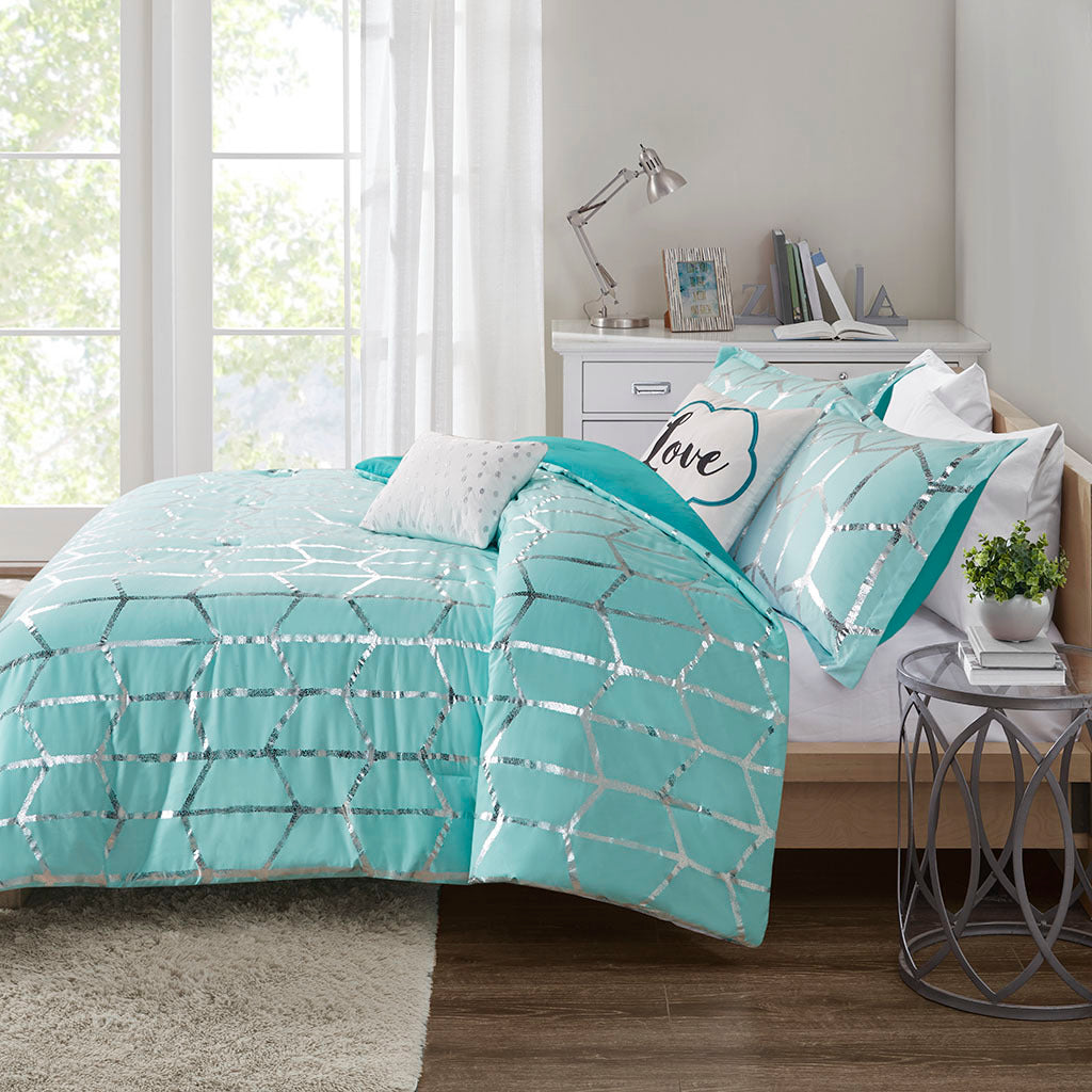 Metallic Printed Comforter Set King Aqua Silver Polyester