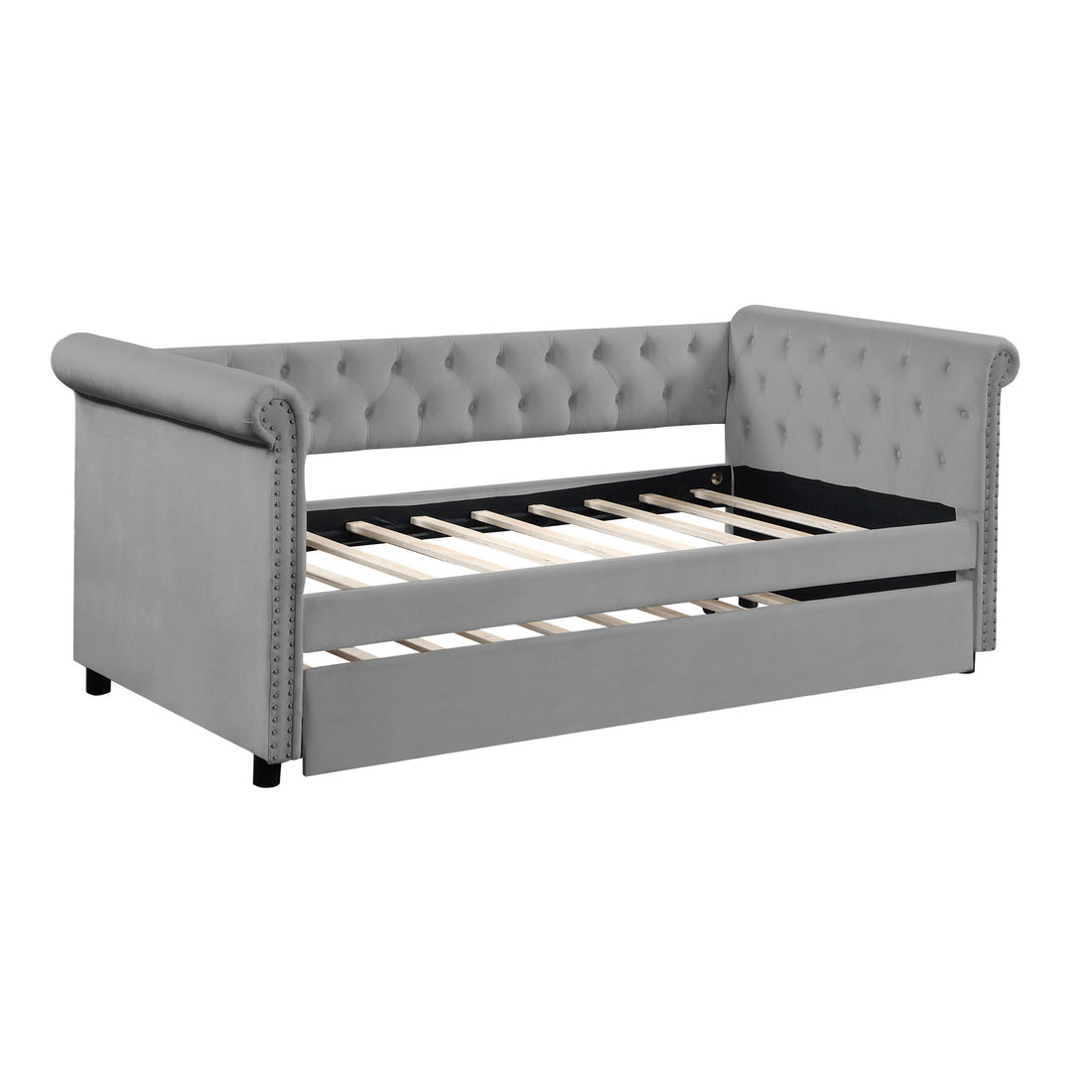 Daybed With Trundle Upholstered Tufted Sofa Bed, With Beautiful Round Armset Design, Twin Size, Grey Beige Solid Wood