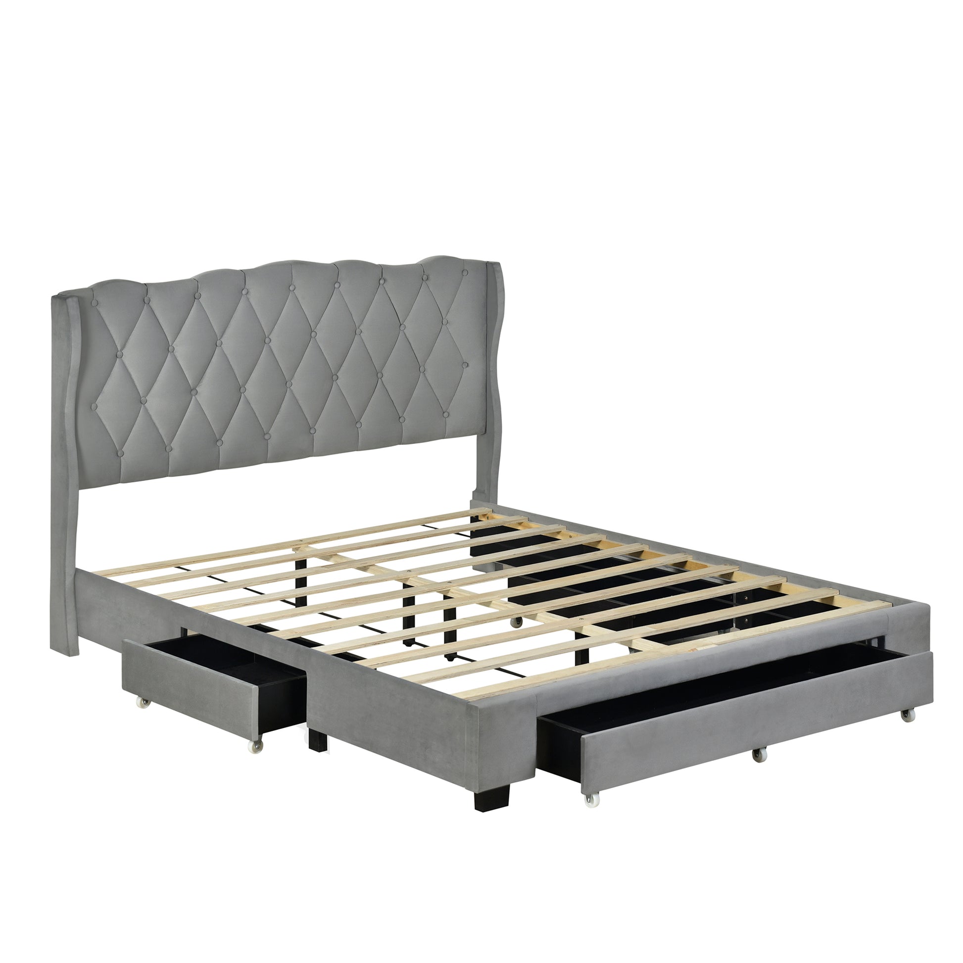 Upholstered Platform Bed With Tufted Headboard And 3 Drawers, No Box Spring Needed, Velvet Fabric, Queen Size Gray Gray Upholstered