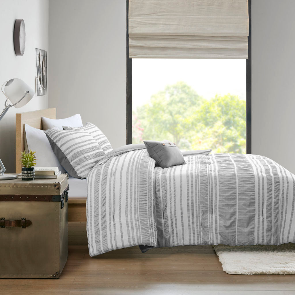 Striped Comforter Set Full Grey Microfiber