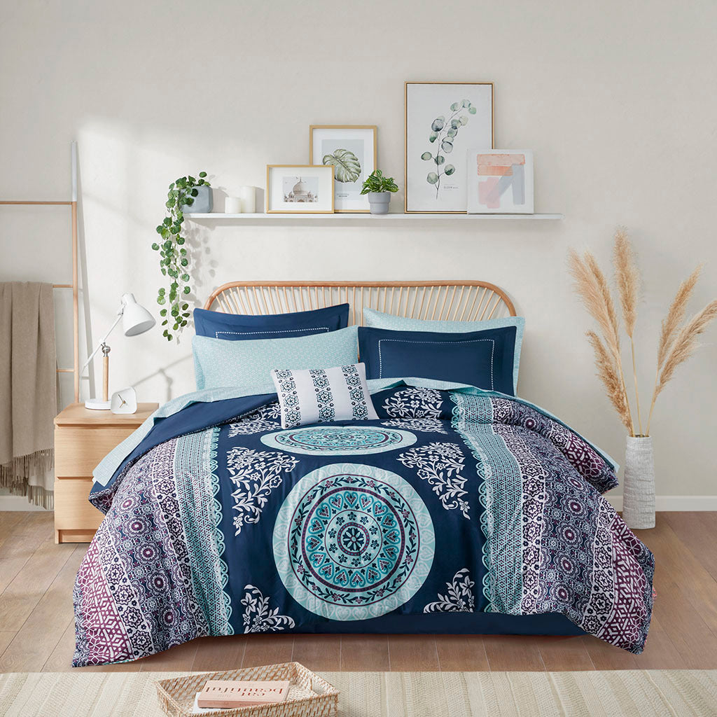 Boho Comforter Set With Bed Sheets Twin Navy Polyester