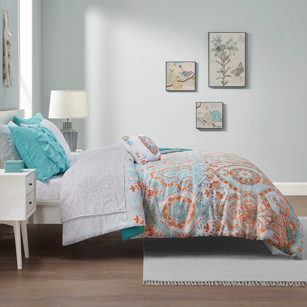 Boho Comforter Set With Bed Sheets Full Aqua Polyester