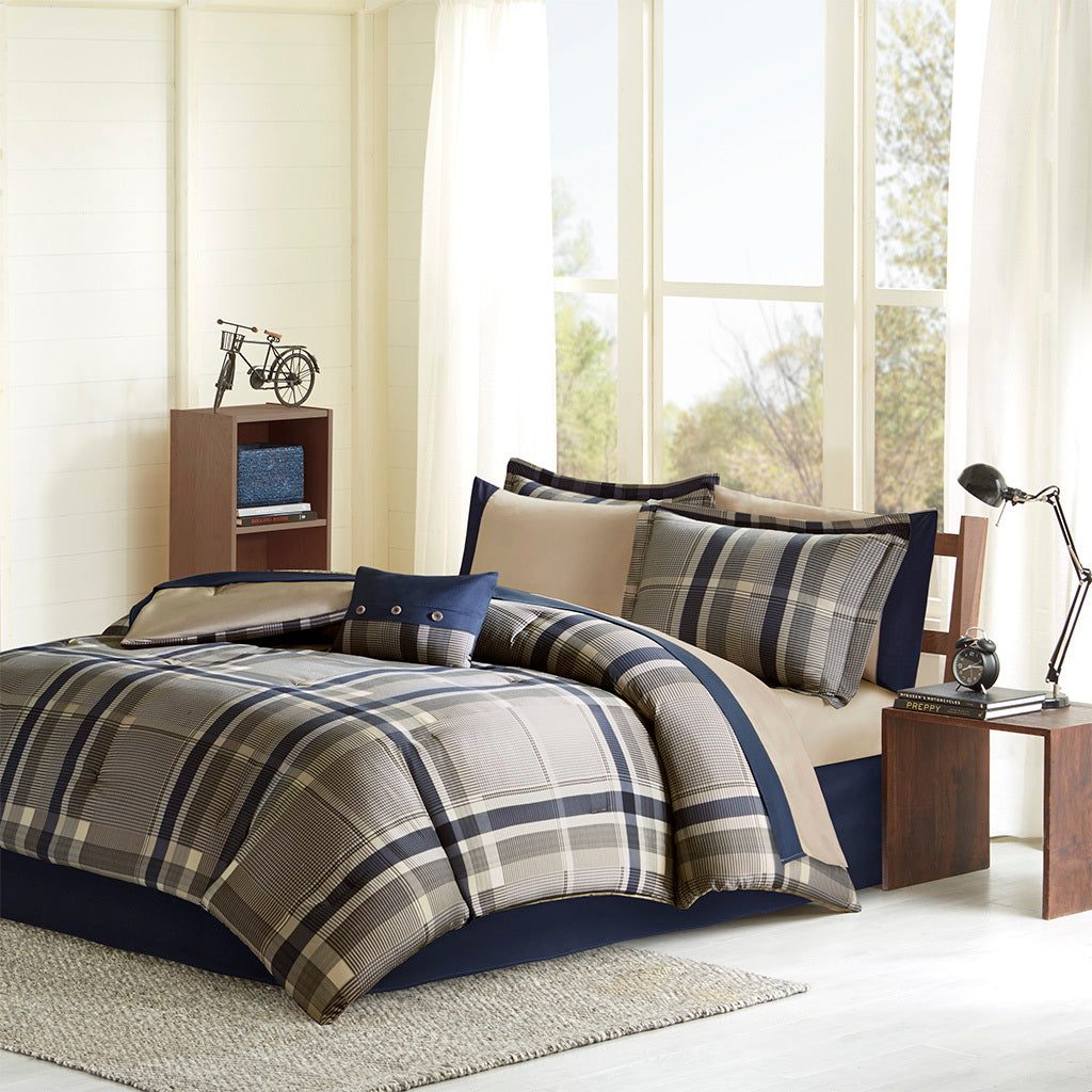 Plaid Comforter Set With Bed Sheets Twin Navy Multi Polyester