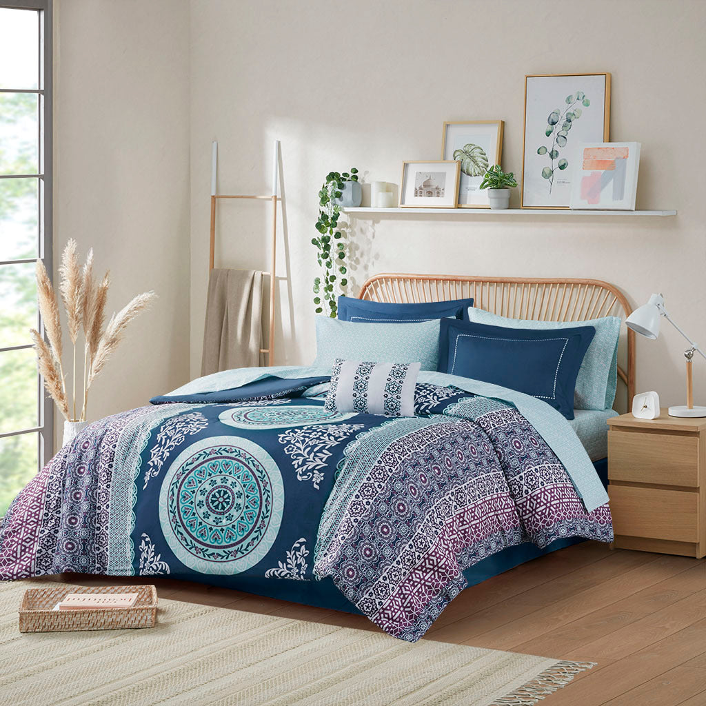 Boho Comforter Set With Bed Sheets Queen Navy Polyester