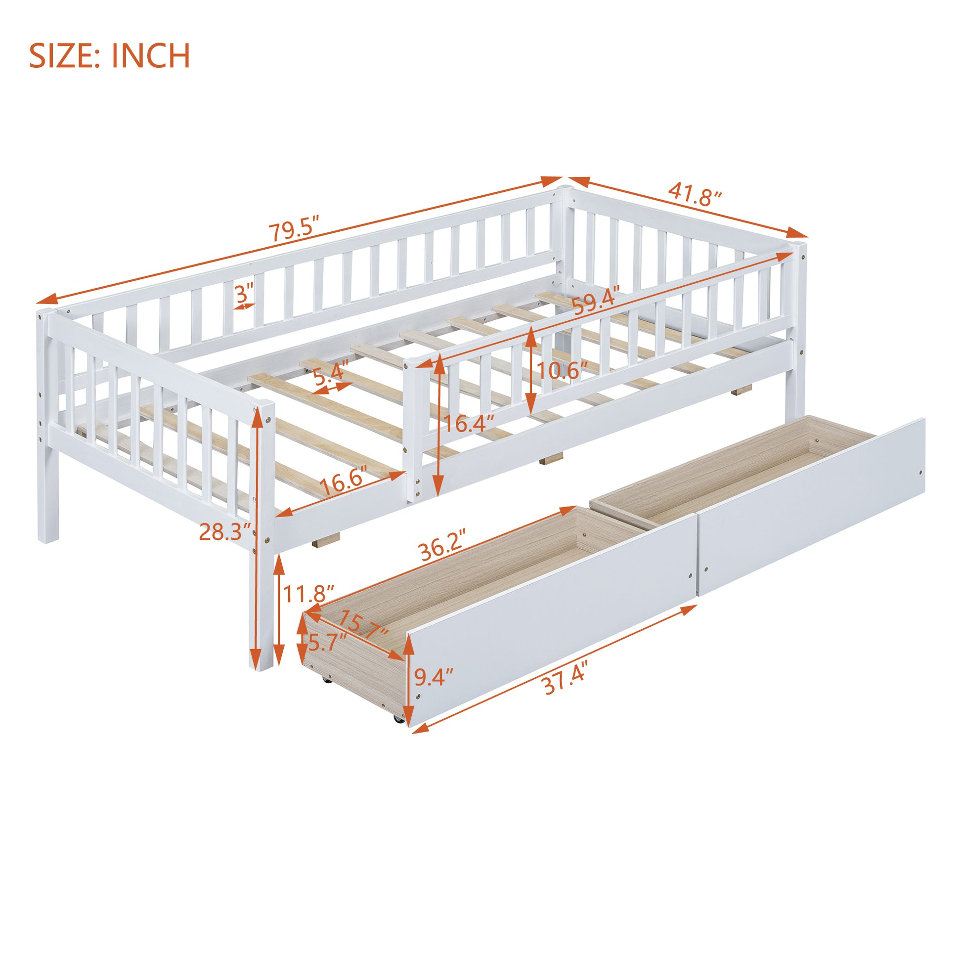 Twin Size Daybed Wood Bed With Two Drawerswhite Twin White Solid Wood