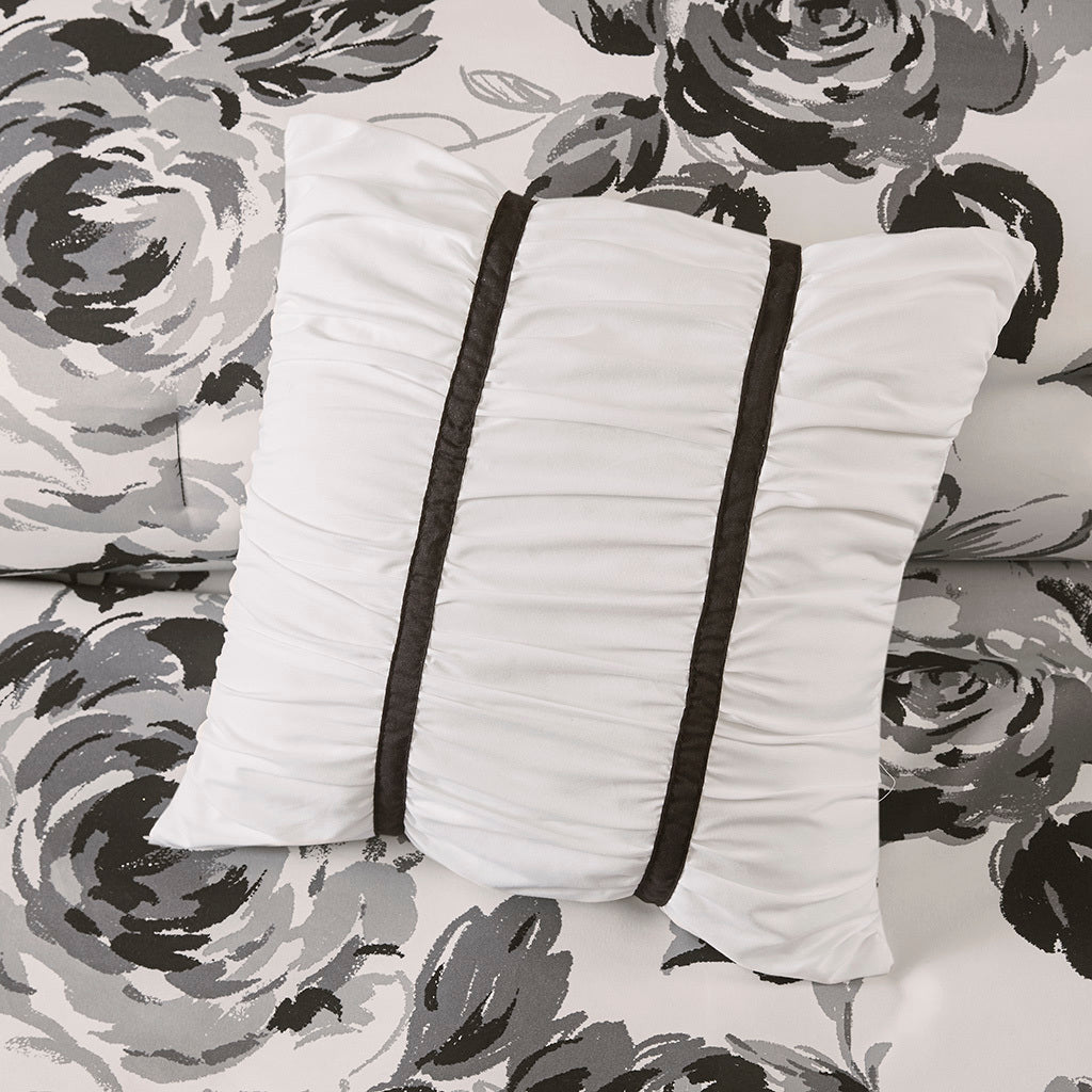 Floral Print Comforter Set King White Black Polyester