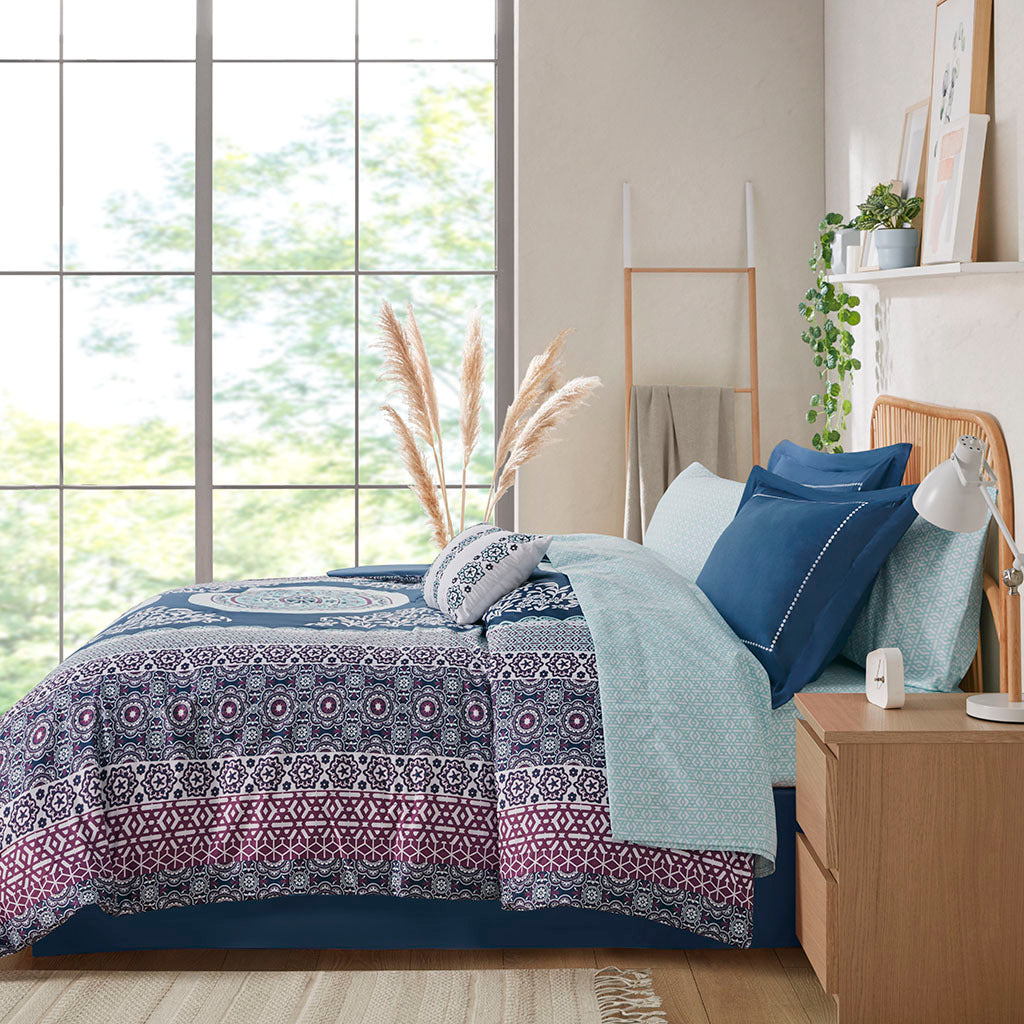 Boho Comforter Set With Bed Sheets Twin Navy Polyester