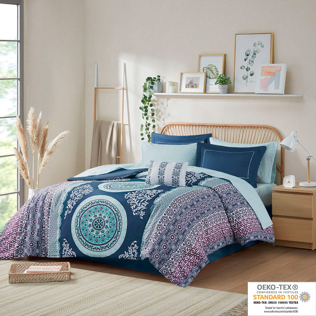 Boho Comforter Set With Bed Sheets Full Navy Polyester