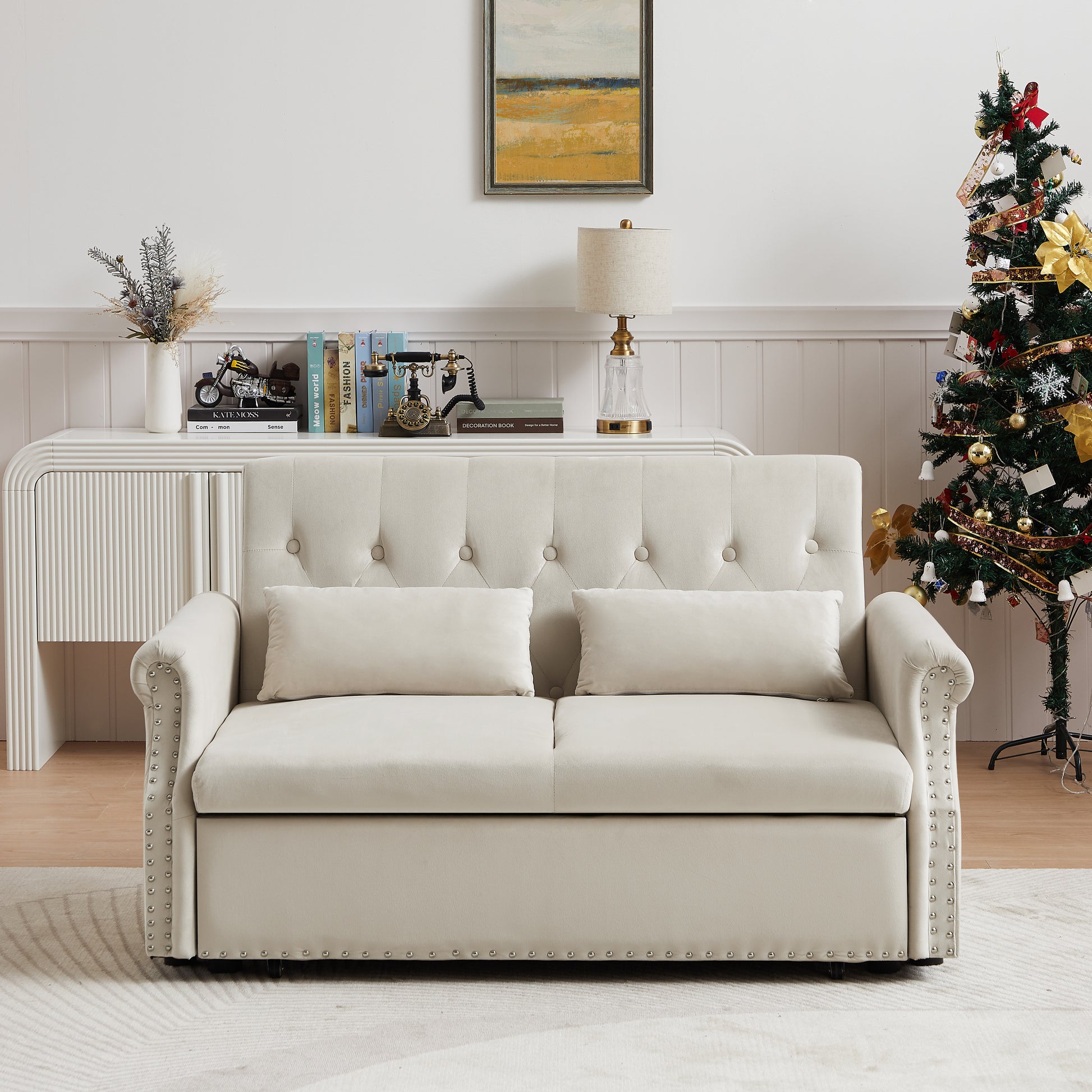 Artemax 55'' Modern Shiny Velvet Convertible Loveseat Sleeper Sofa Couch W 2 Lumbar Pillows, Adjustable Pull Out Bed And Removable Armrest For Nursery, Living Room, Apartment, Home Office Beige Foam Velvet