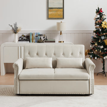 Artemax 55'' Modern Shiny Velvet Convertible Loveseat Sleeper Sofa Couch W 2 Lumbar Pillows, Adjustable Pull Out Bed And Removable Armrest For Nursery, Living Room, Apartment, Home Office Beige Foam Velvet