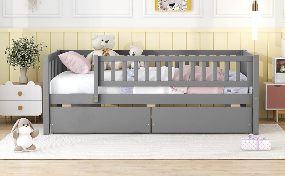 Twin Size Daybed Wood Bed With Two Drawers, Gray Twin Gray Solid Wood