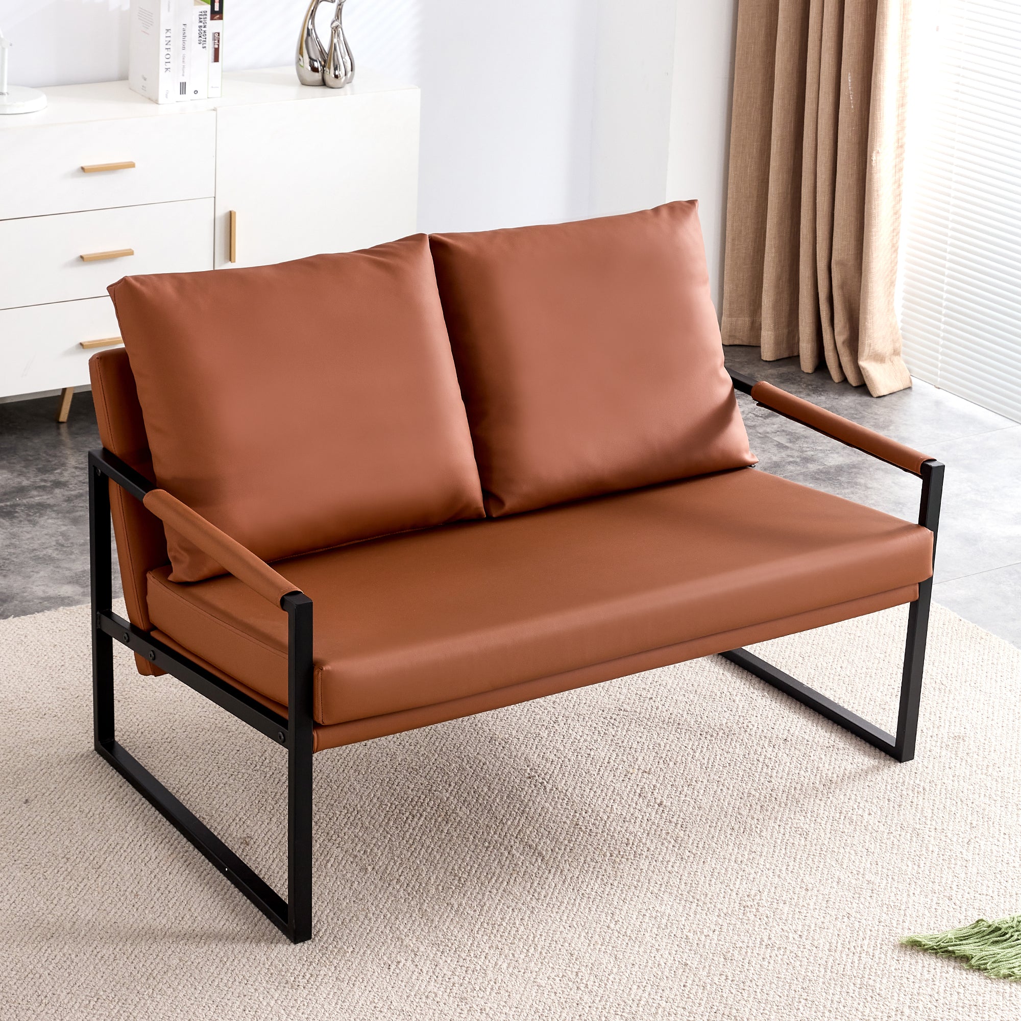 Modern Two Seater Sofa Chair With 2 Pillows Pu Leather, High Density Foam, Black Coated Metal Frame.Brown Sf D008 Brown Foam Pu 2 Seat