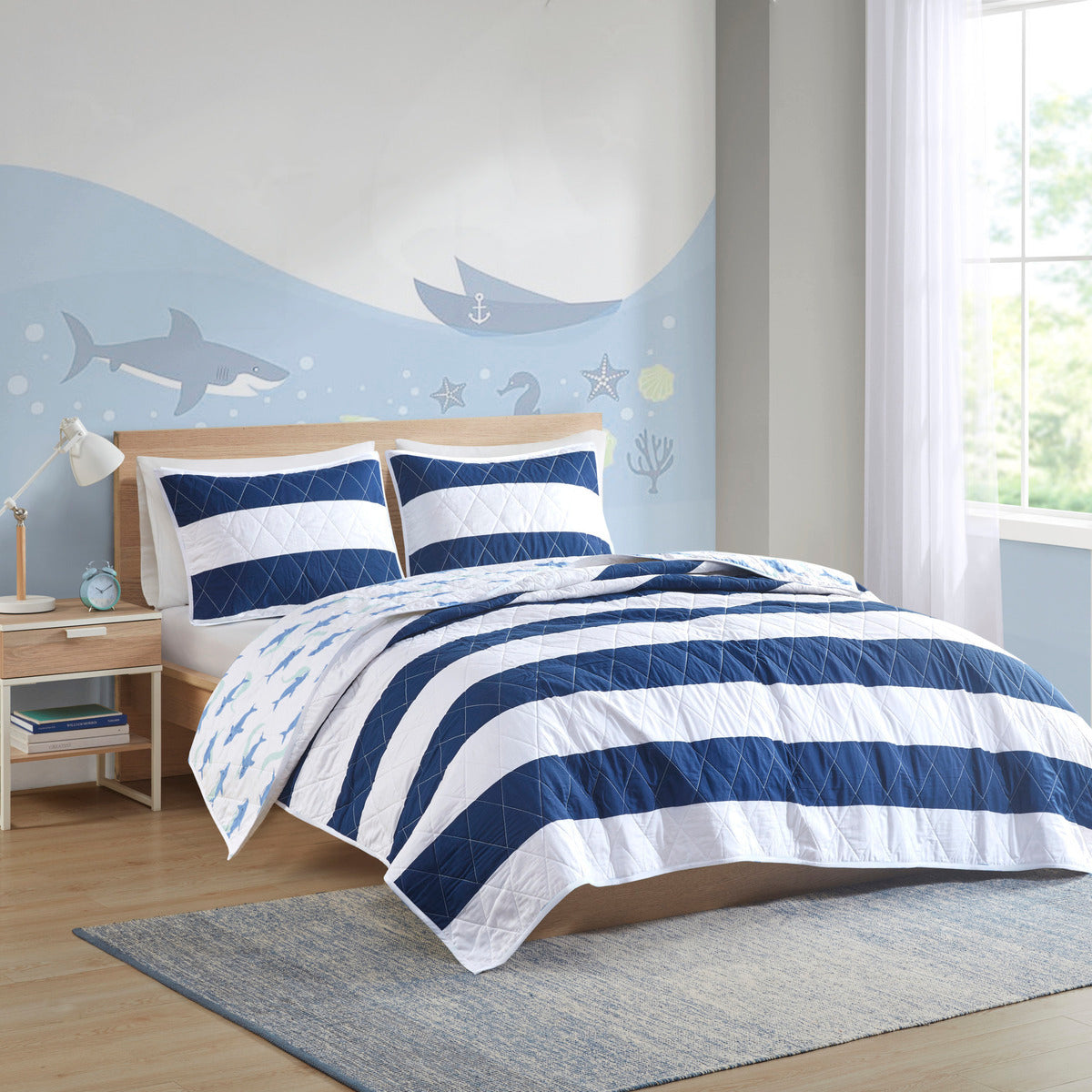 Cotton Cabana Stripe Reversible Quilt Set With Shark Reverse Full Navy Cotton