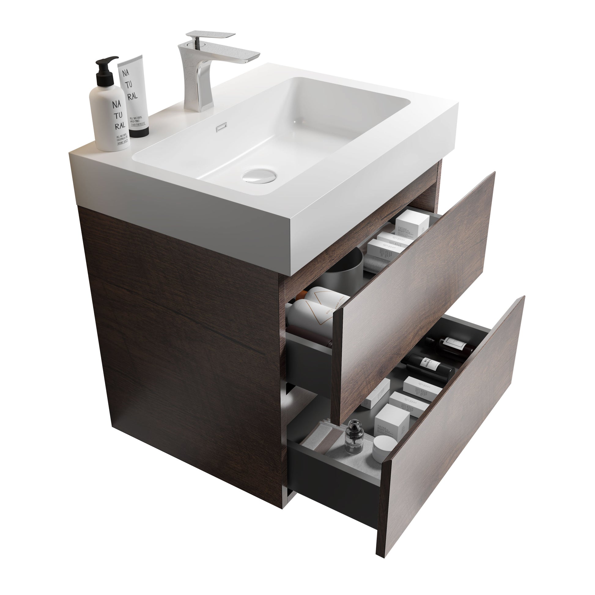 Alice 24" Walnut Bathroom Vanity With Sink, Large Storage Wall Mounted Floating Bathroom Vanity For Modern Bathroom, One Piece White Sink Basin Without Drain And Faucet, Pre Assembled White Walnut Melamine