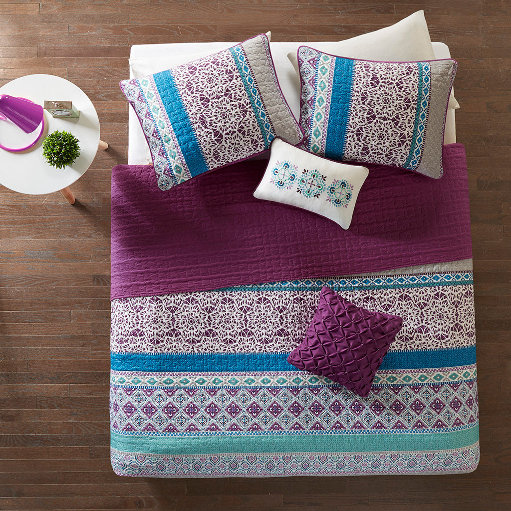 Reversible Quilt Set With Throw Pillows Twin Purple Cotton