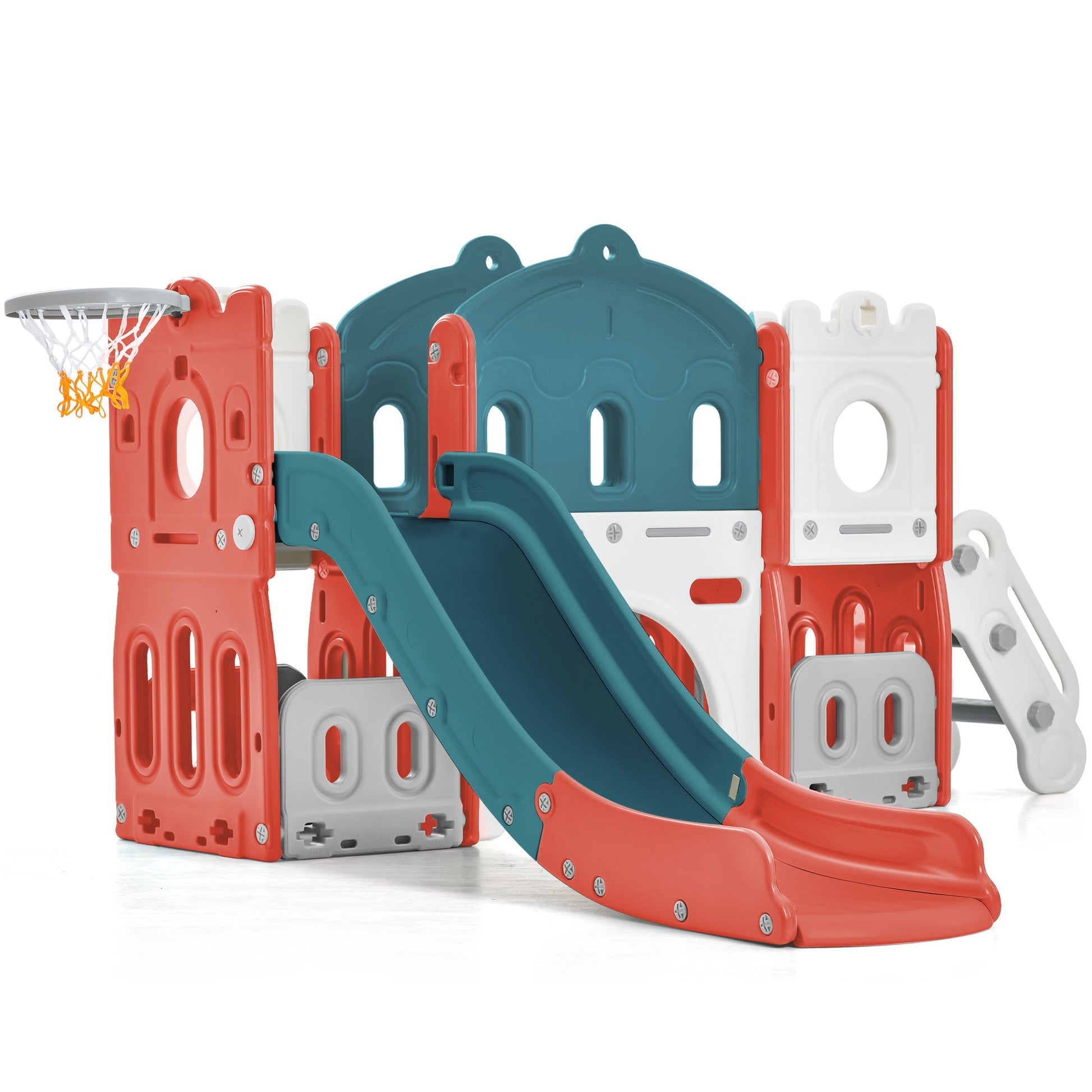 Kids Slide Playset Structure, Freestanding Castle Climber With Slide And Basketball Hoop, Toy Storage Organizer For Toddlers, Kids Climbers Playhouse For Indoor Outdoor Playground Activity Red Hdpe