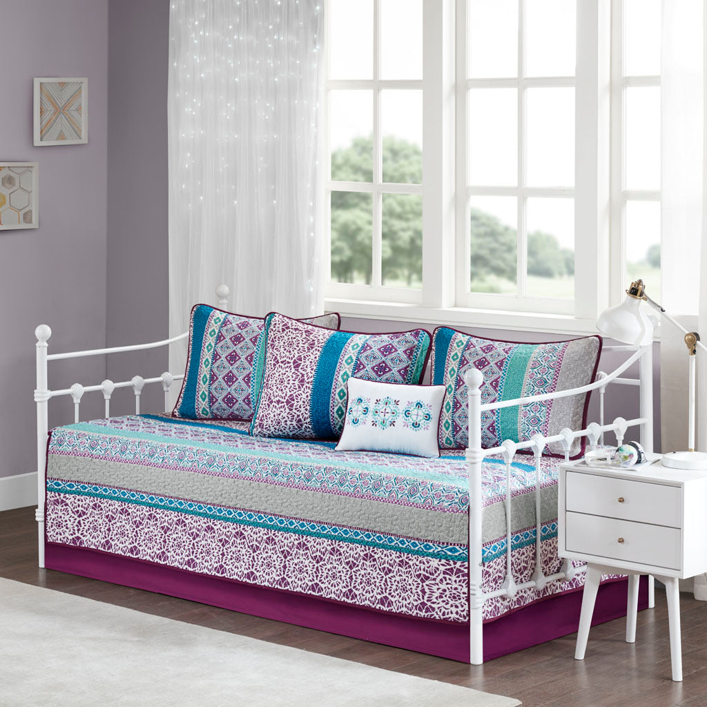 6 Piece Boho Reversible Daybed Set Twin Purple Cotton