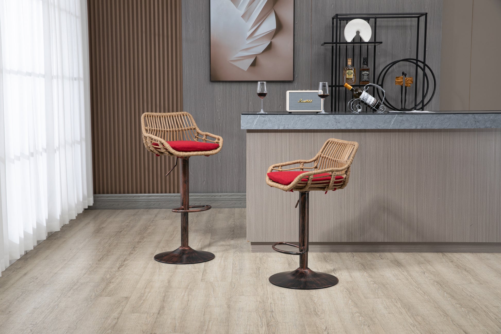 Coolmore Swivel Bar Stools Set Of 2 Adjustable Counter Height Chairs With Footrest For Kitchen, Dining Room 2Pc Set Red Polyester