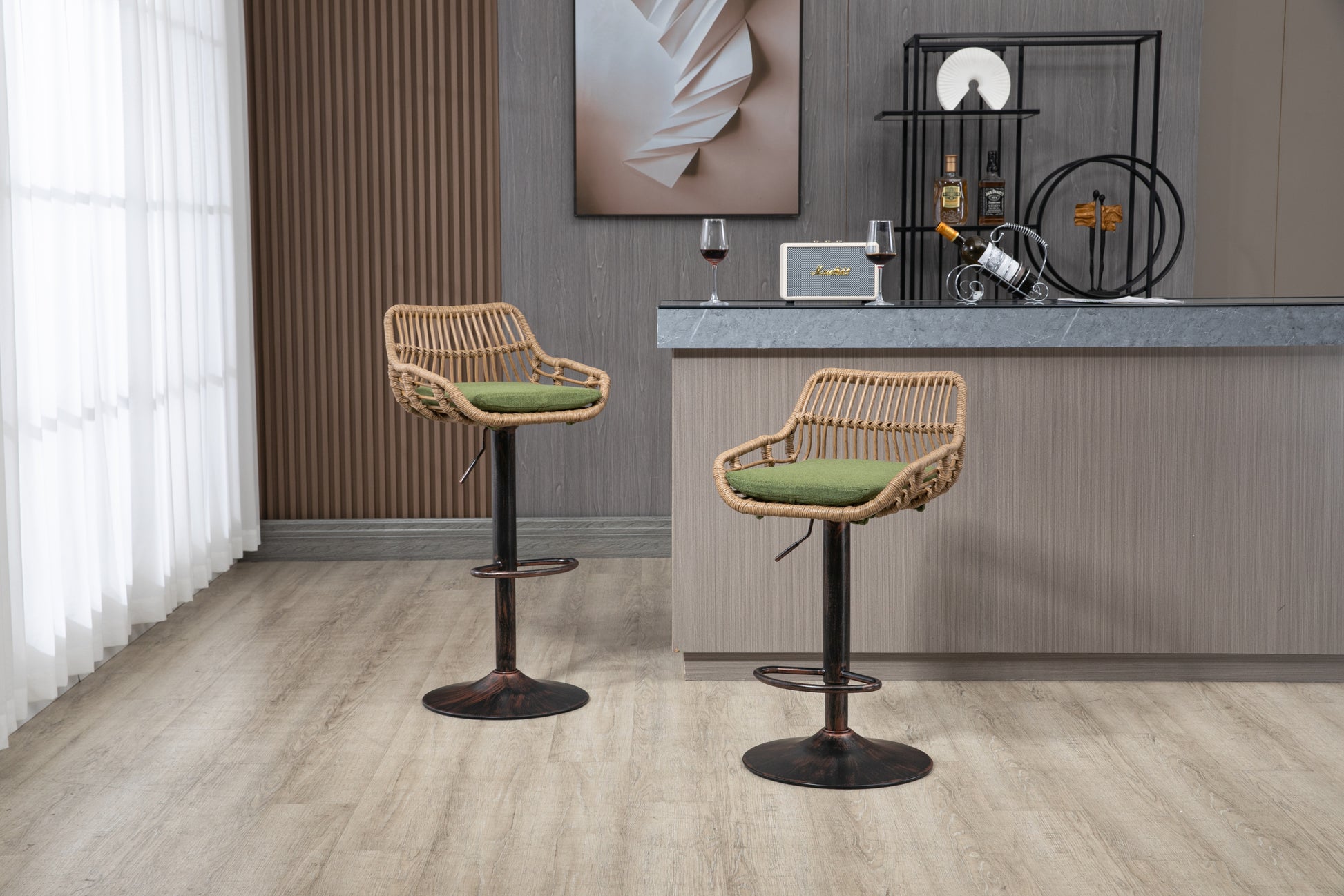 Coolmore Swivel Bar Stools Set Of 2 Adjustable Counter Height Chairs With Footrest For Kitchen, Dining Room 2Pc Set Green Polyester