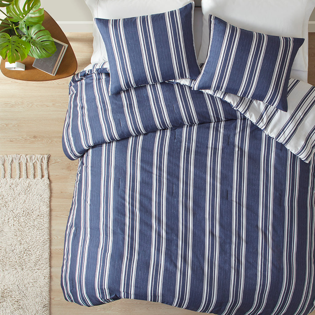 Striped Reversible Comforter Set King Navy Polyester