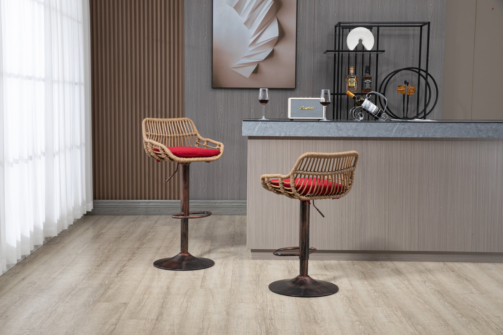 Coolmore Swivel Bar Stools Set Of 2 Adjustable Counter Height Chairs With Footrest For Kitchen, Dining Room 2Pc Set Red Polyester