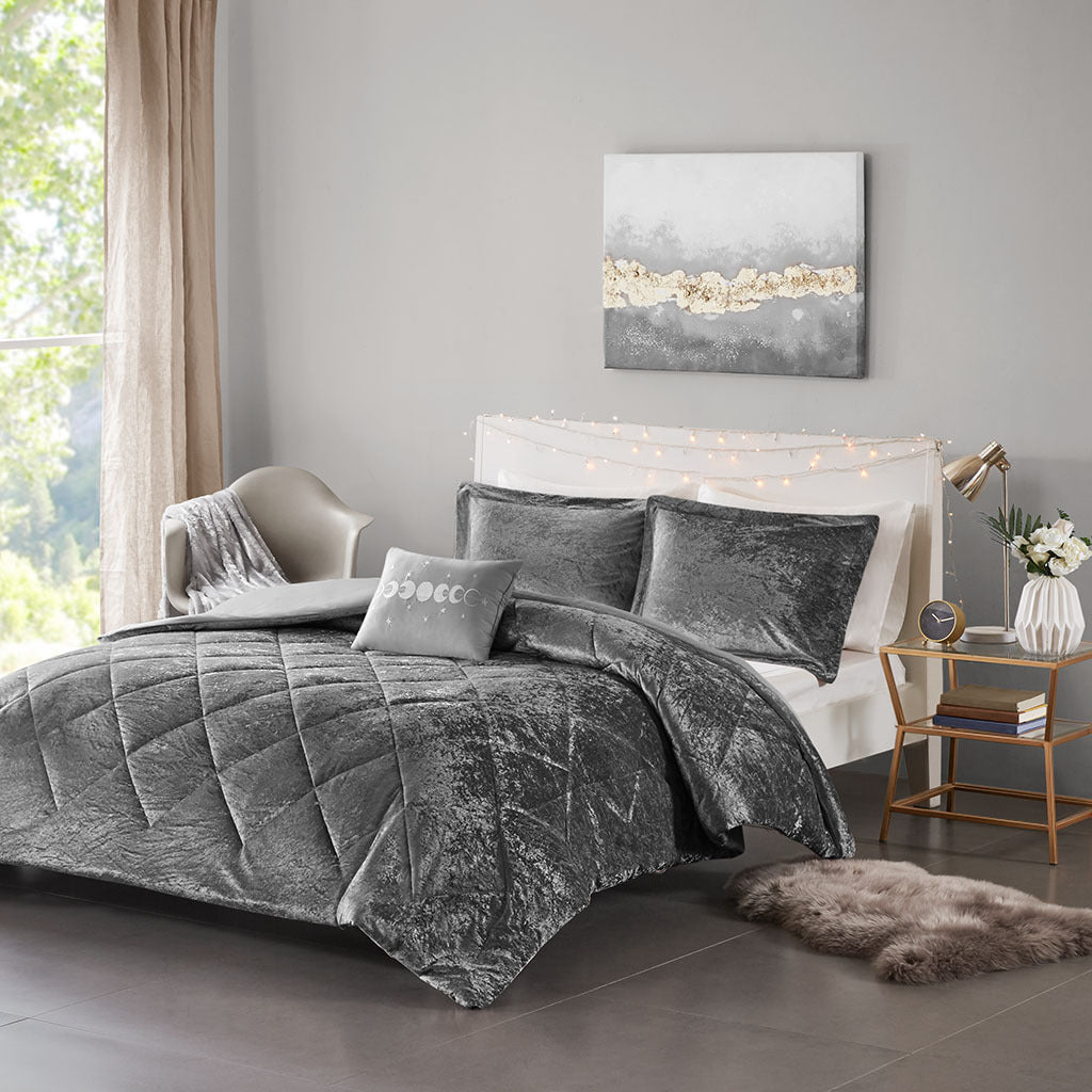 Velvet Duvet Cover Set King Grey Polyester