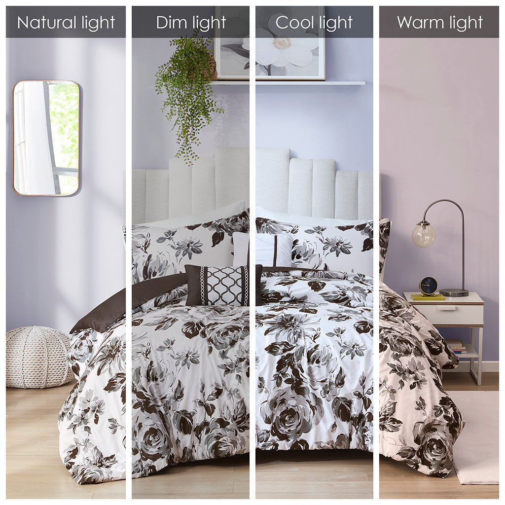 Floral Print Duvet Cover Set Full White Black Microfiber