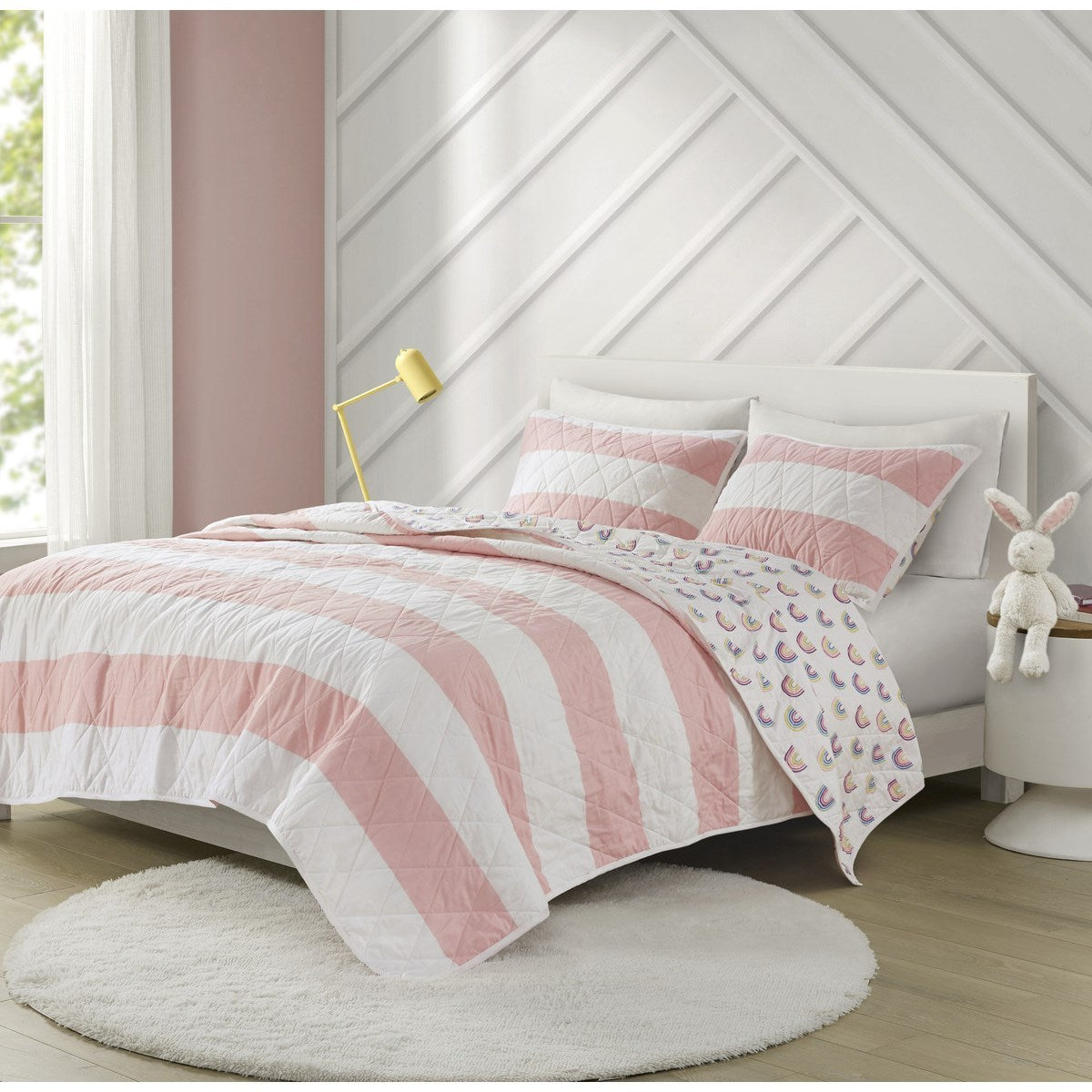 Cotton Cabana Stripe Reversible Quilt Set With Rainbow Reverse Twin Pink Cotton