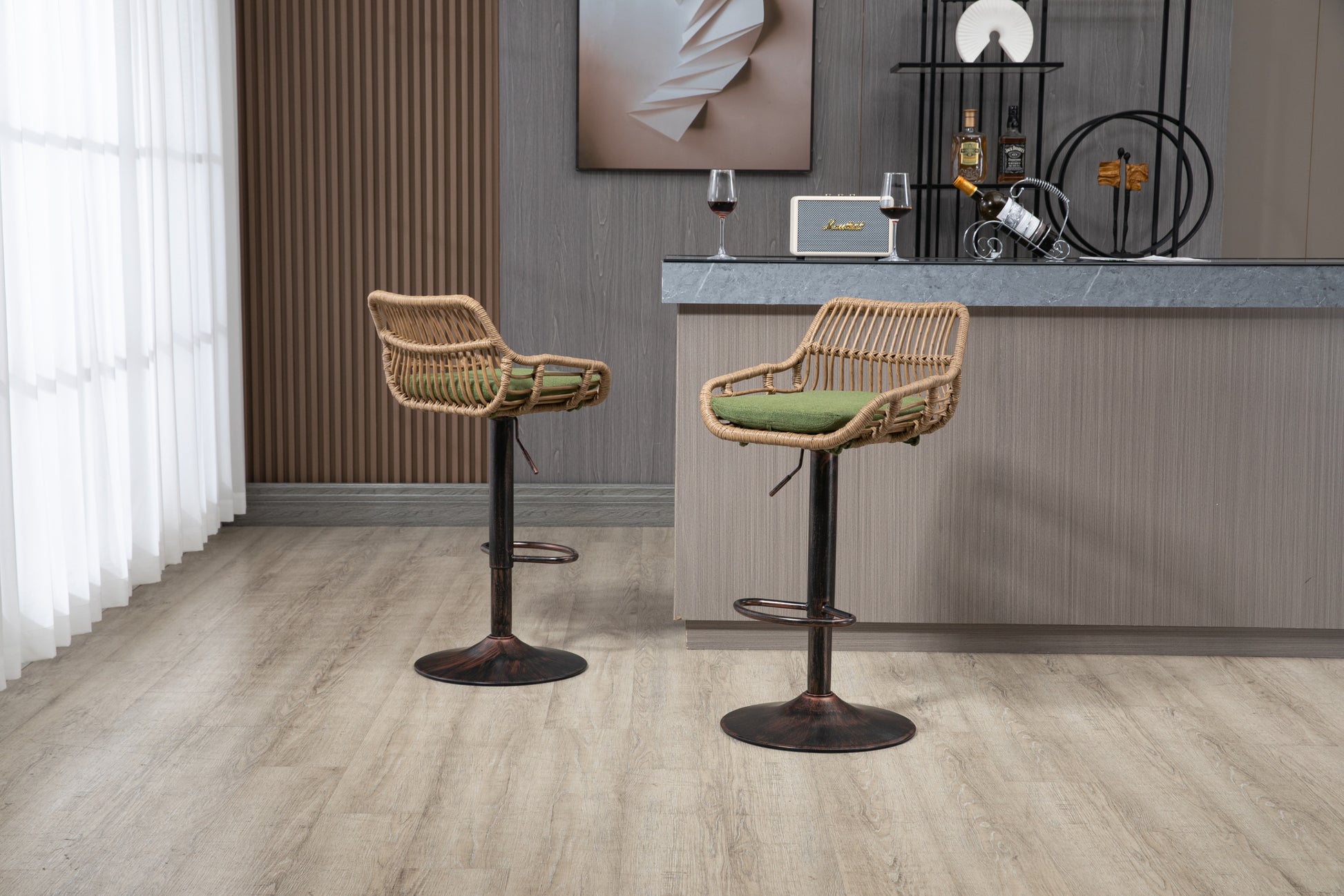 Coolmore Swivel Bar Stools Set Of 2 Adjustable Counter Height Chairs With Footrest For Kitchen, Dining Room 2Pc Set Green Polyester
