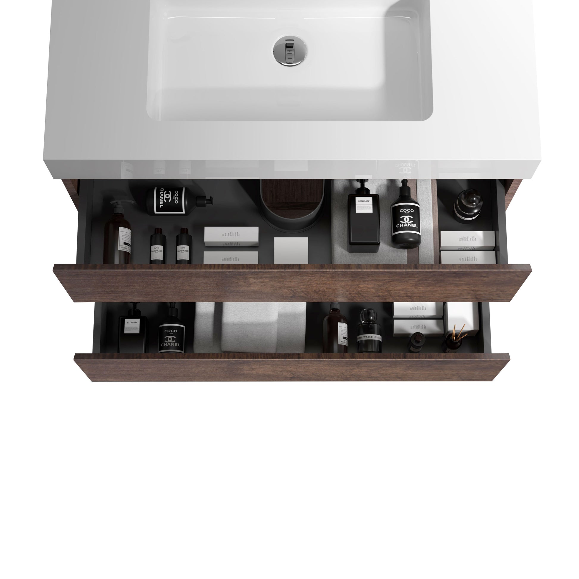 Alice 30" Walnut Bathroom Vanity With Sink, Large Storage Wall Mounted Floating Bathroom Vanity For Modern Bathroom, One Piece White Sink Basin Without Drain And Faucet, Pre Assembled White Walnut Melamine