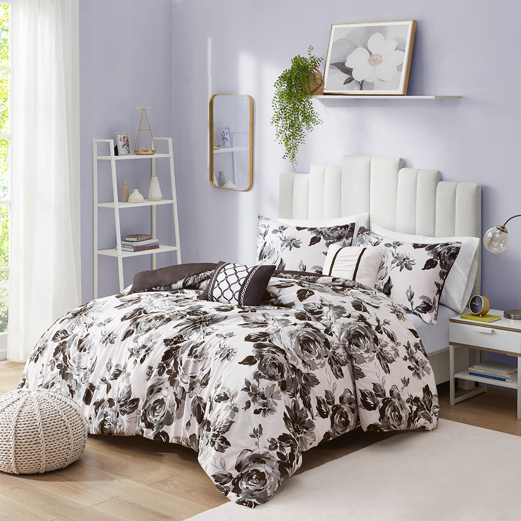 Floral Print Duvet Cover Set King White Black Microfiber