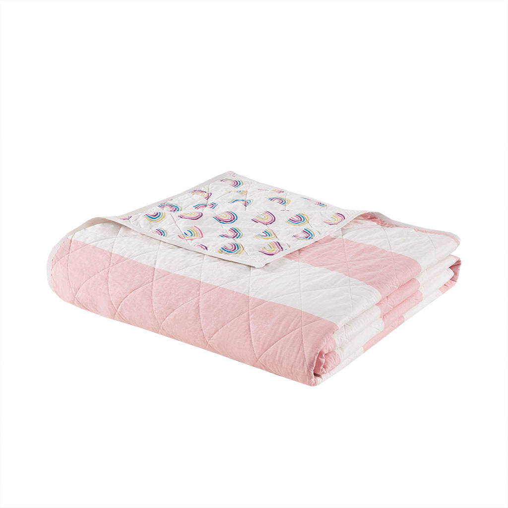 Cotton Cabana Stripe Reversible Quilt Set With Rainbow Reverse Twin Pink Cotton